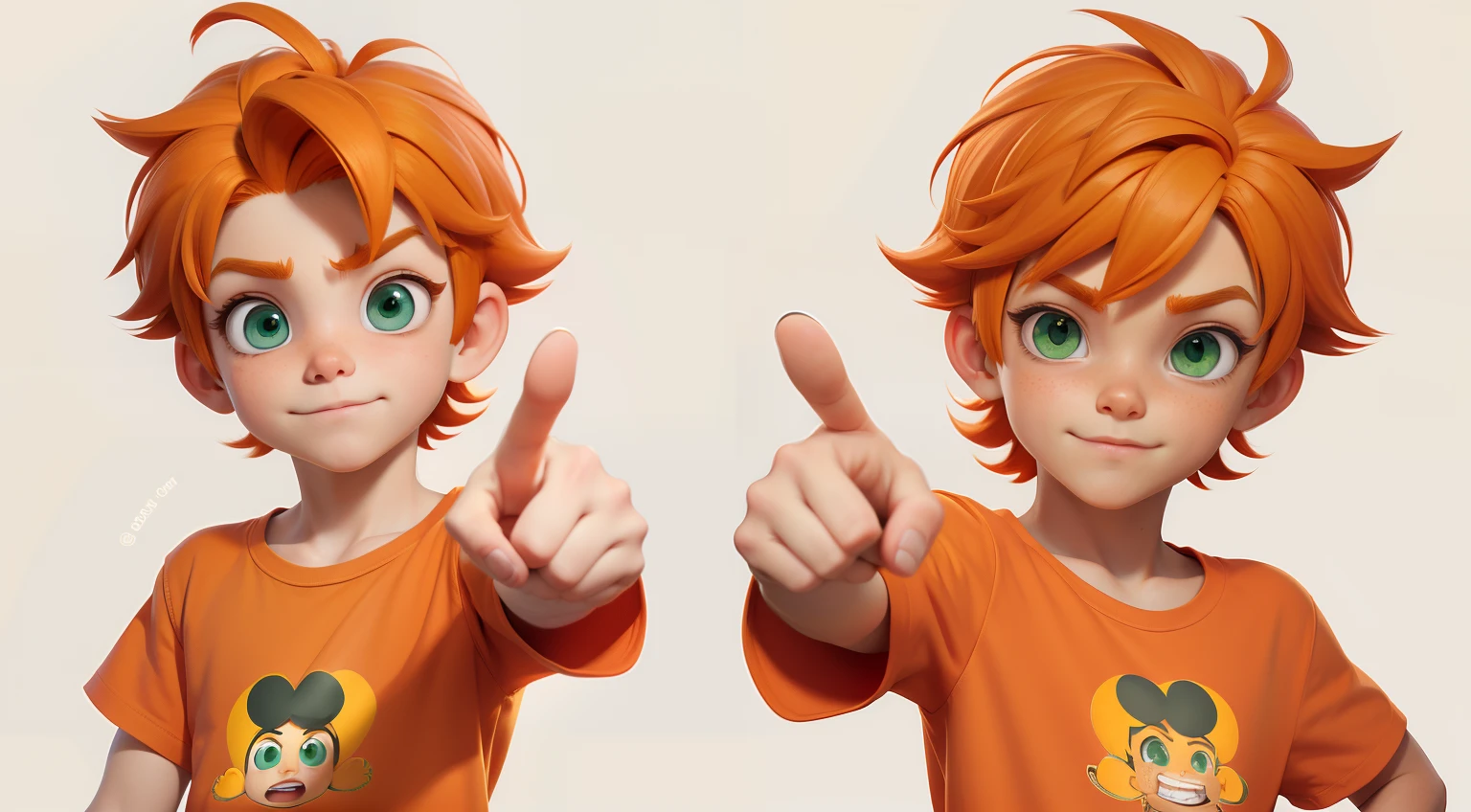 character with orange hair, orange clothes t- shirt ,green eyes,pointing to something,White background, style of a Disney Pixar cartoon