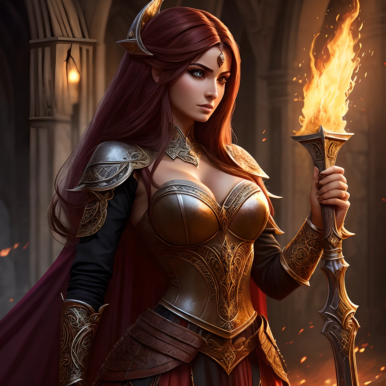 mulher elfa infernal, sexy, pele clara, linda, cabelos vermelhos, olhos amarelos roupa preta, brilho, hiperrealista, concept art, medieval, epic, fantasia, guerreira, maligna, chamas, labaredas, inferno 2.5d cgi