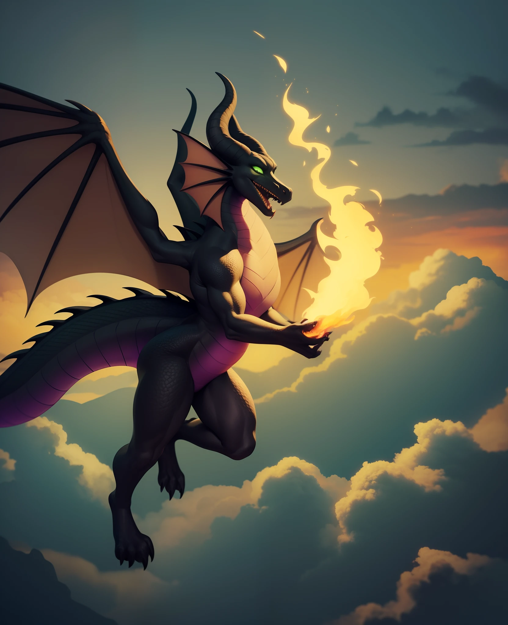 maleficent, scalie, dragon, floating, black body, flying, solo, (best quality), (flying sky dark green fire clouds background:1.2), chest armor, dramatic lighting, (detailed scales:1.1), looking at viewer, tail, open mouth, wings, fingers, feet,