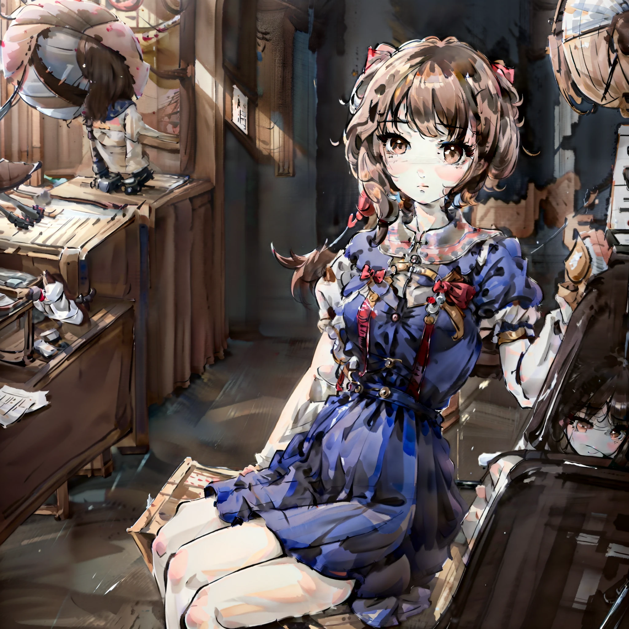 Anime girl sitting on bench in room with light, loli in dress, cute anime waifu in a nice dress, Smooth anime CG art, small curvaceous loli, Cute anime girl, Surrealism female students, Surrealism female students, Realistic schoolgirl, small loli girl,