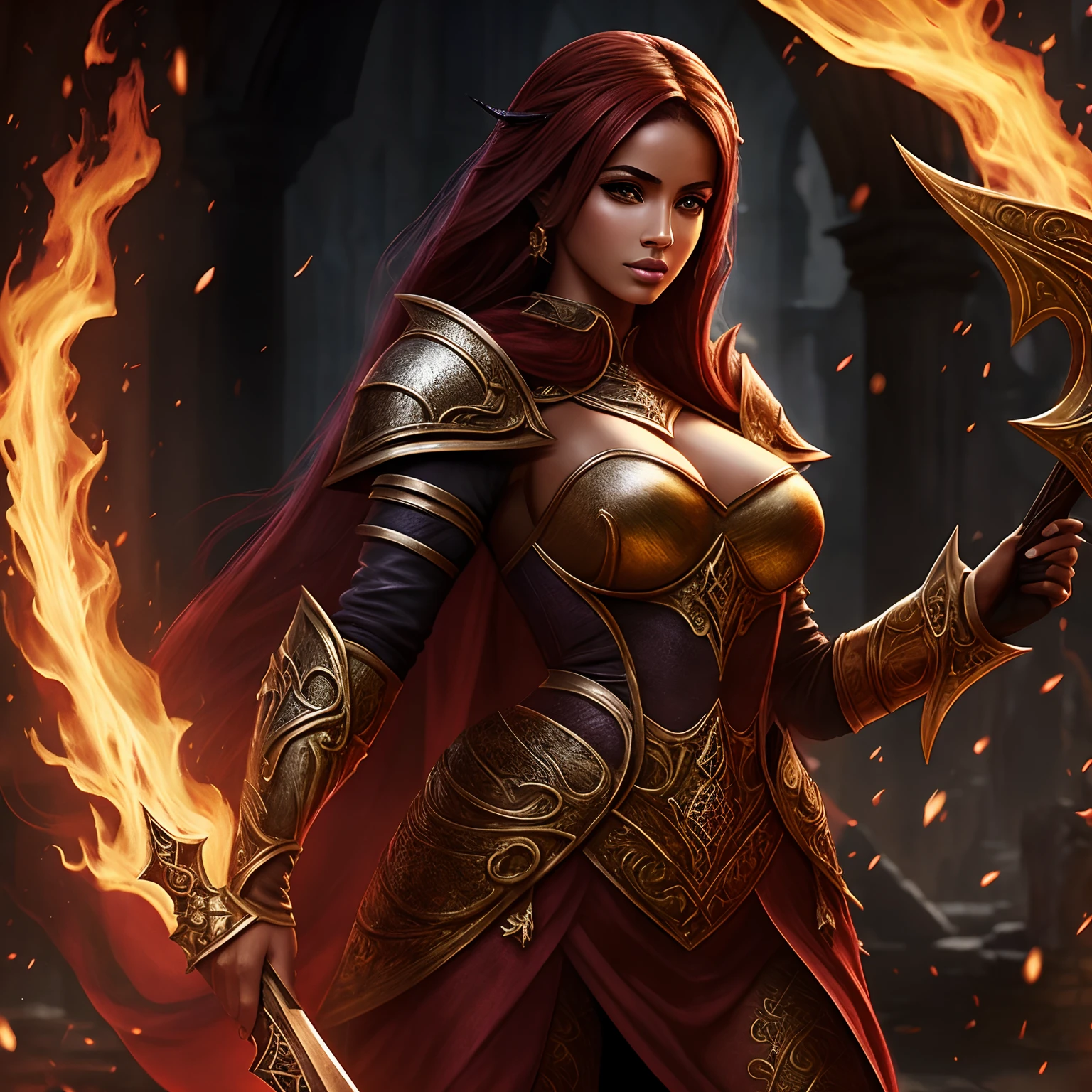 mulher elfa infernal, sexy, pele clara, linda, cabelos vermelhos, olhos amarelos roupa preta, brilho, hiperrealista, concept art, medieval, epic, fantasia, guerreira, maligna, chamas, labaredas, inferno 2.5d cgi