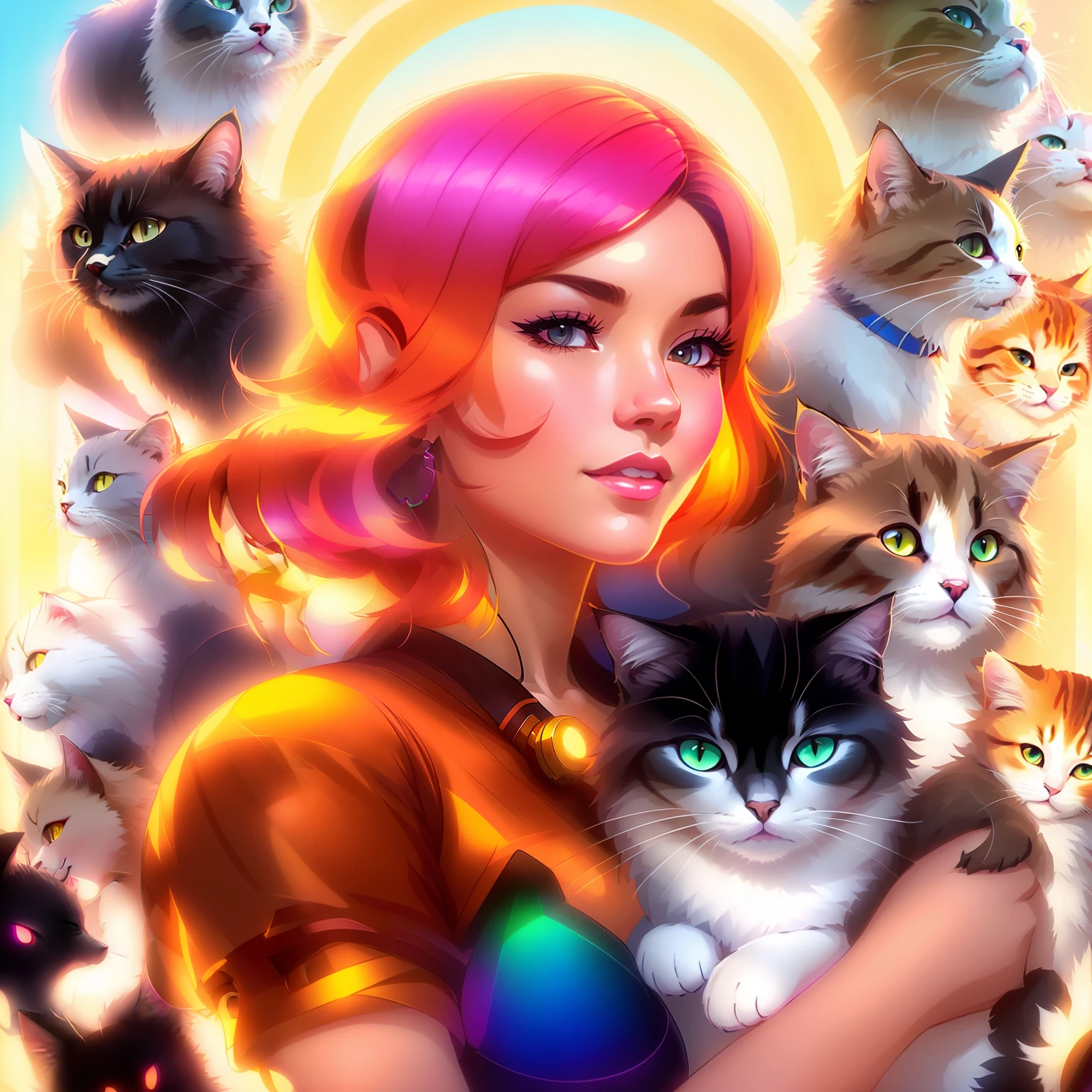 a woman holding a cat surrounded by many cats, beeple and jeremiah ketner, jen bartel, by Jeremiah Ketner, artgerm and atey ghailan, alice x. zhang, artgerm julie bell beeple, alena aenami and artgerm, beautiful art uhd 4 k, rossdraws cartoon vibrant