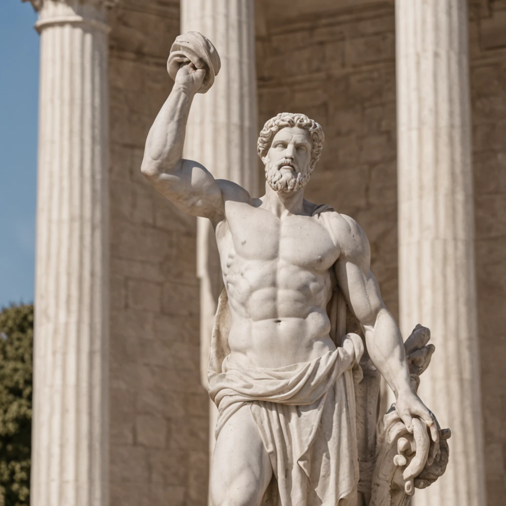 Capture an inspiring photograph of an empowered Greek marble statue resembling a muscular deity, such as Hercules, Zeus, or even Marcus Aurelius and Seneca. The statue should exude strength and wisdom. Set against a backdrop of Greek architectural marvels like majestic columns, the photo should be taken from knee-level, looking upwards. Utilize your creative flair to craft a visually stunning image that harmonizes the timeless power of ancient sculptures with a sense of empowerment and wisdom.