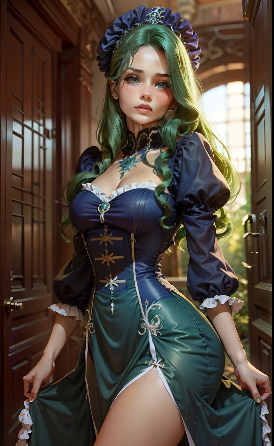Garota de cabelo azul, vestida com couro, olhos verdes