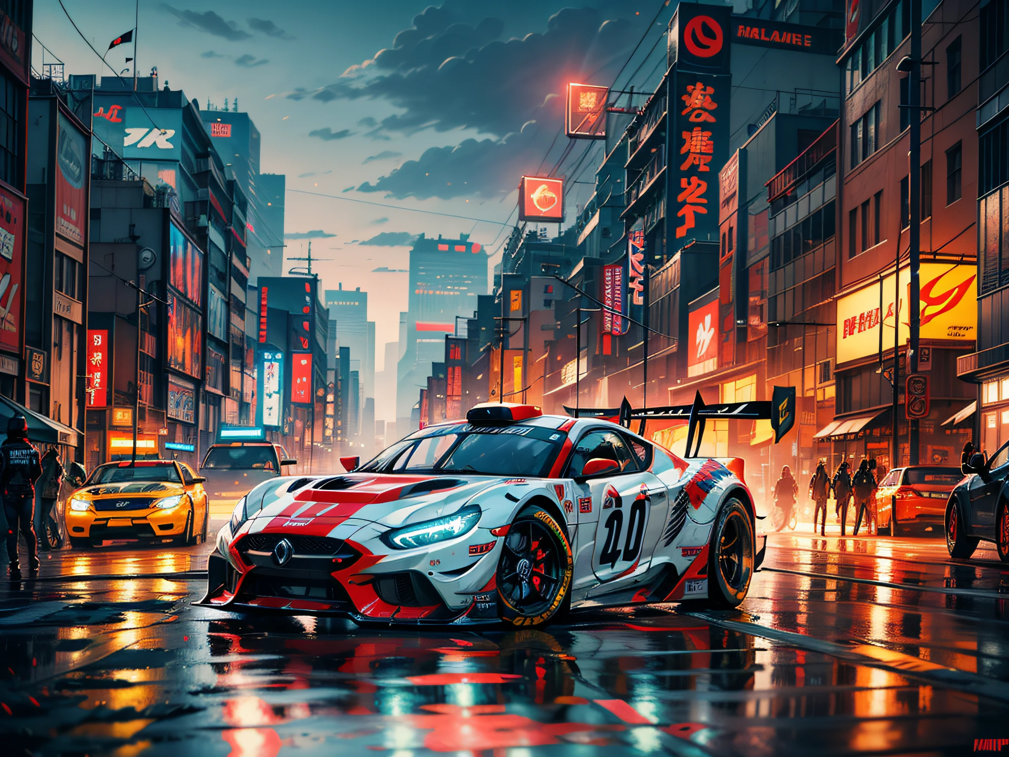 Best quality, masterpiece, ultra high res, Capture the adrenaline-fueled excitement of a sleek, high-performance racing car dripping, red, blue, fires, neon light, dust, full car show, from side, cyberpunk racing car, tokyo cyberpunk night,Detailed,Realistic,4k highly detailed digital art,octane render, bioluminescent, BREAK 8K resolution concept art, realism,by Mappa studios,masterpiece,best quality,official art,illustration,ligne claire,(cool_color),perfect composition,absurdres, fantasy,focused,rule of thirds,