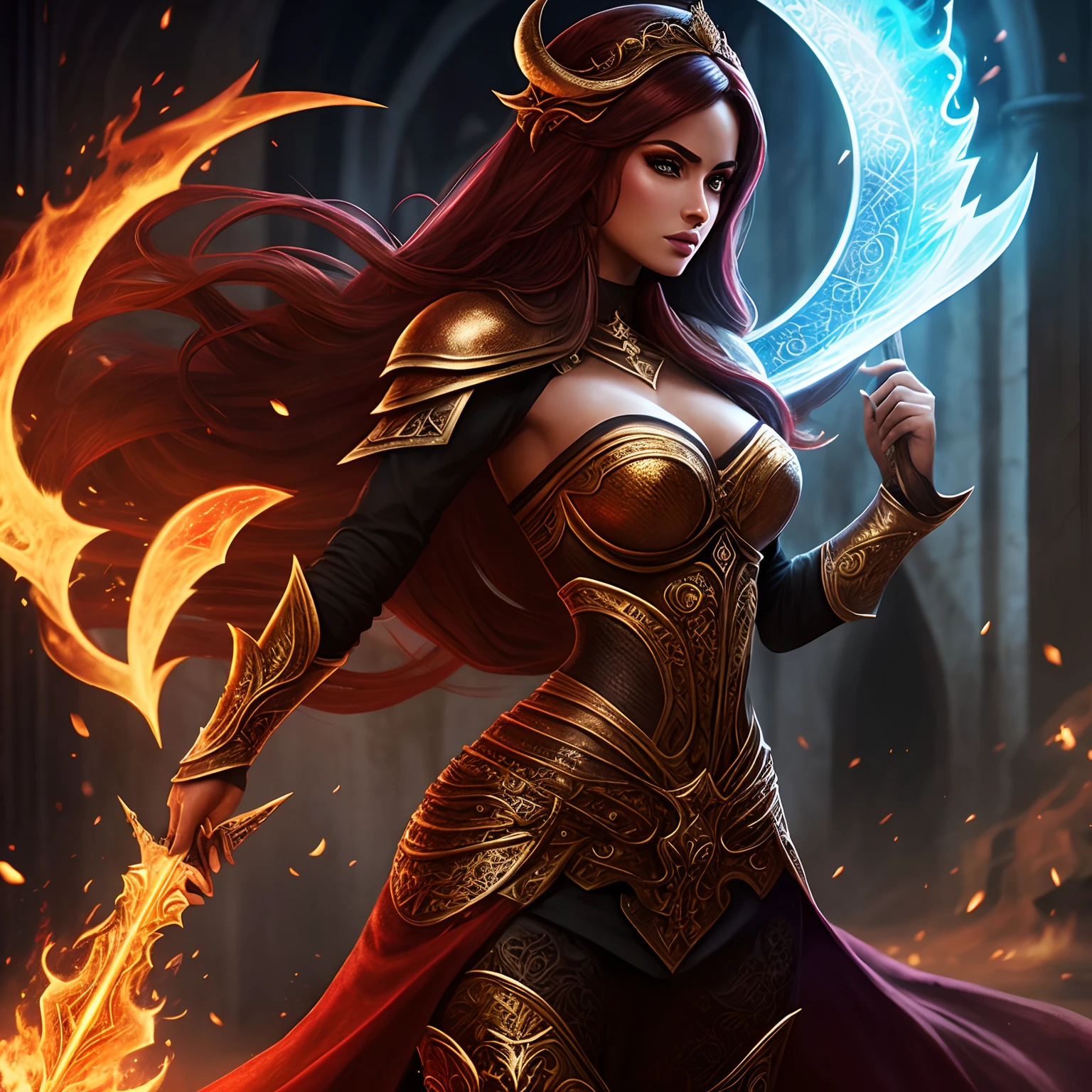 mulher elfa infernal, sexy, pele clara, linda, cabelos vermelhos, olhos amarelos roupa preta, brilho, hiperrealista, concept art, medieval, epic, fantasia, guerreira, maligna, chamas, labaredas, inferno 2.5d cgi