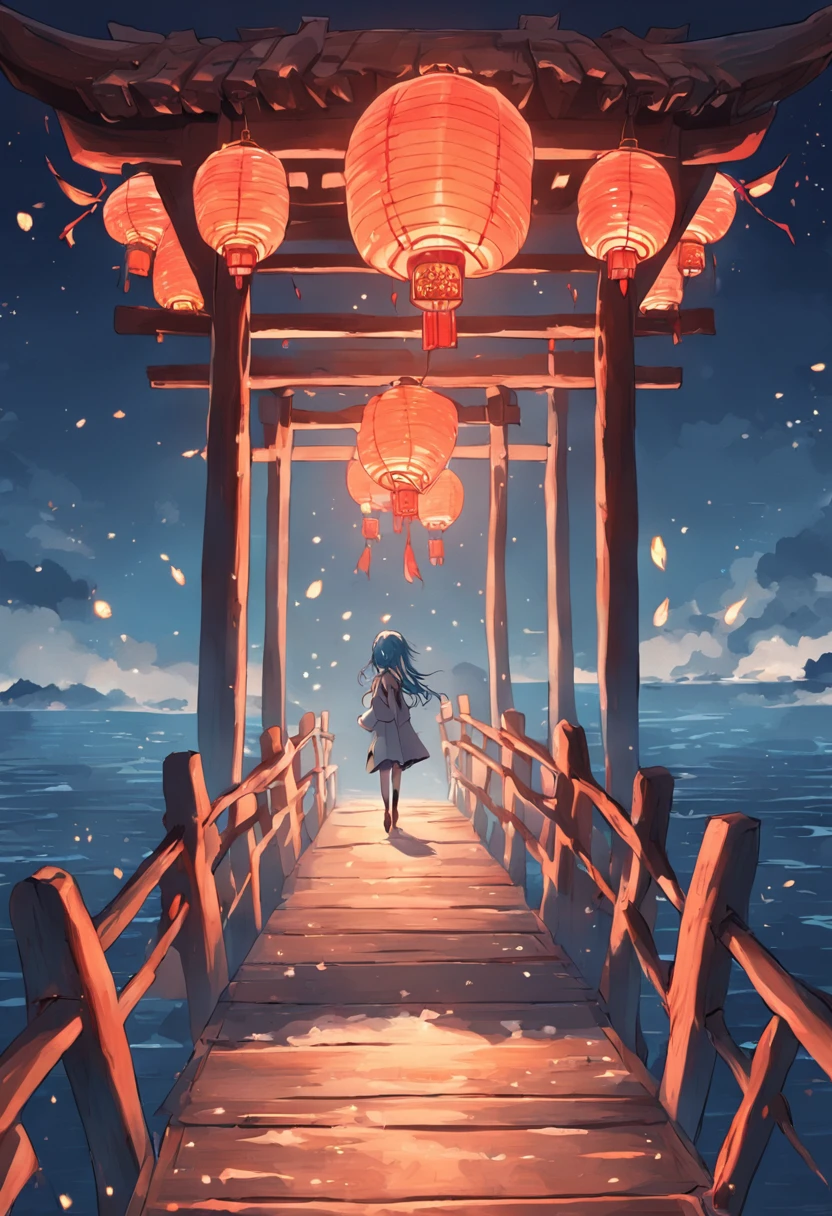 On a wooden bridge over the sea,nigh sky,themoon,Chinese lanterns