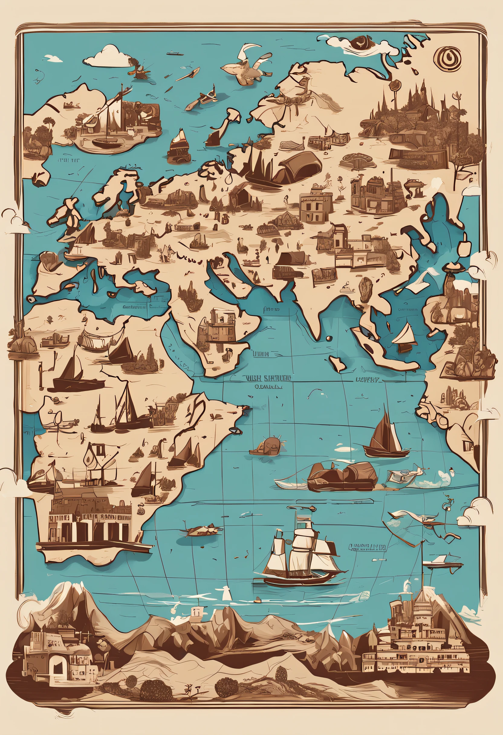 A drawing of a stylized world map with icons of sights. The main colors are blue, verde, marrom e branco