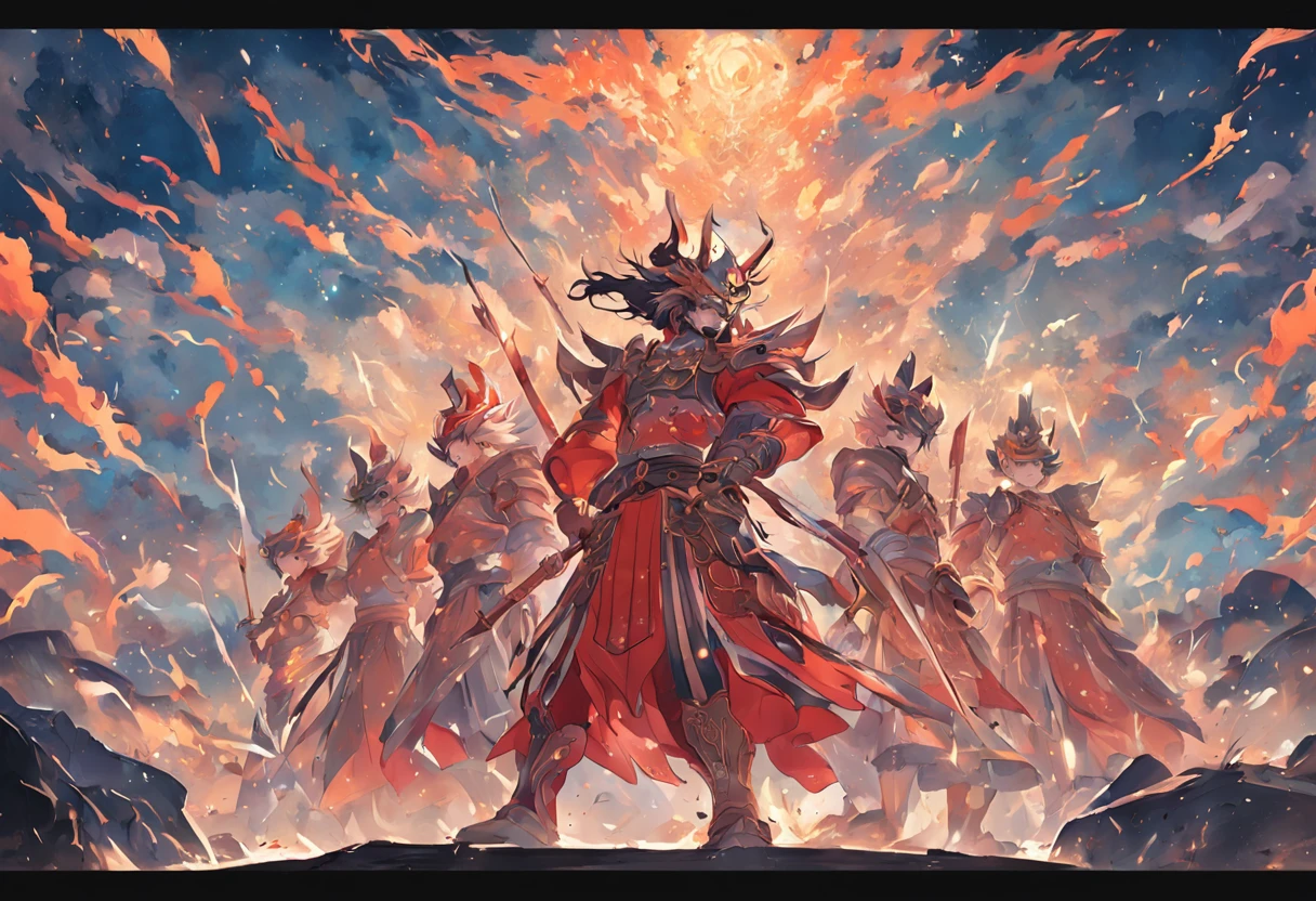 A mural,Two teams of soldiers wearing ancient Chinese armor,One team is on the hill, the other is surrounded by the other,The scene is magnificent