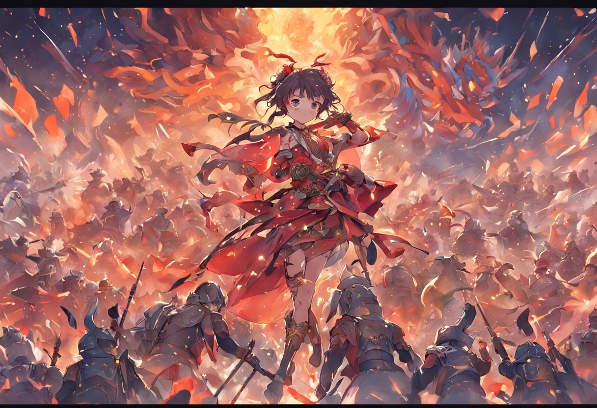 A mural，Two teams of soldiers wearing ancient Chinese armor，One team is on the hill, the other is surrounded by the other，The scene is magnificent