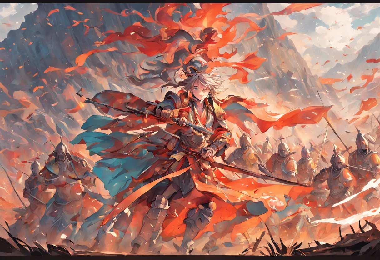 A mural,Two teams of soldiers wearing ancient Chinese armor,One team is on the hill, the other is surrounded by the other,The scene is magnificent
