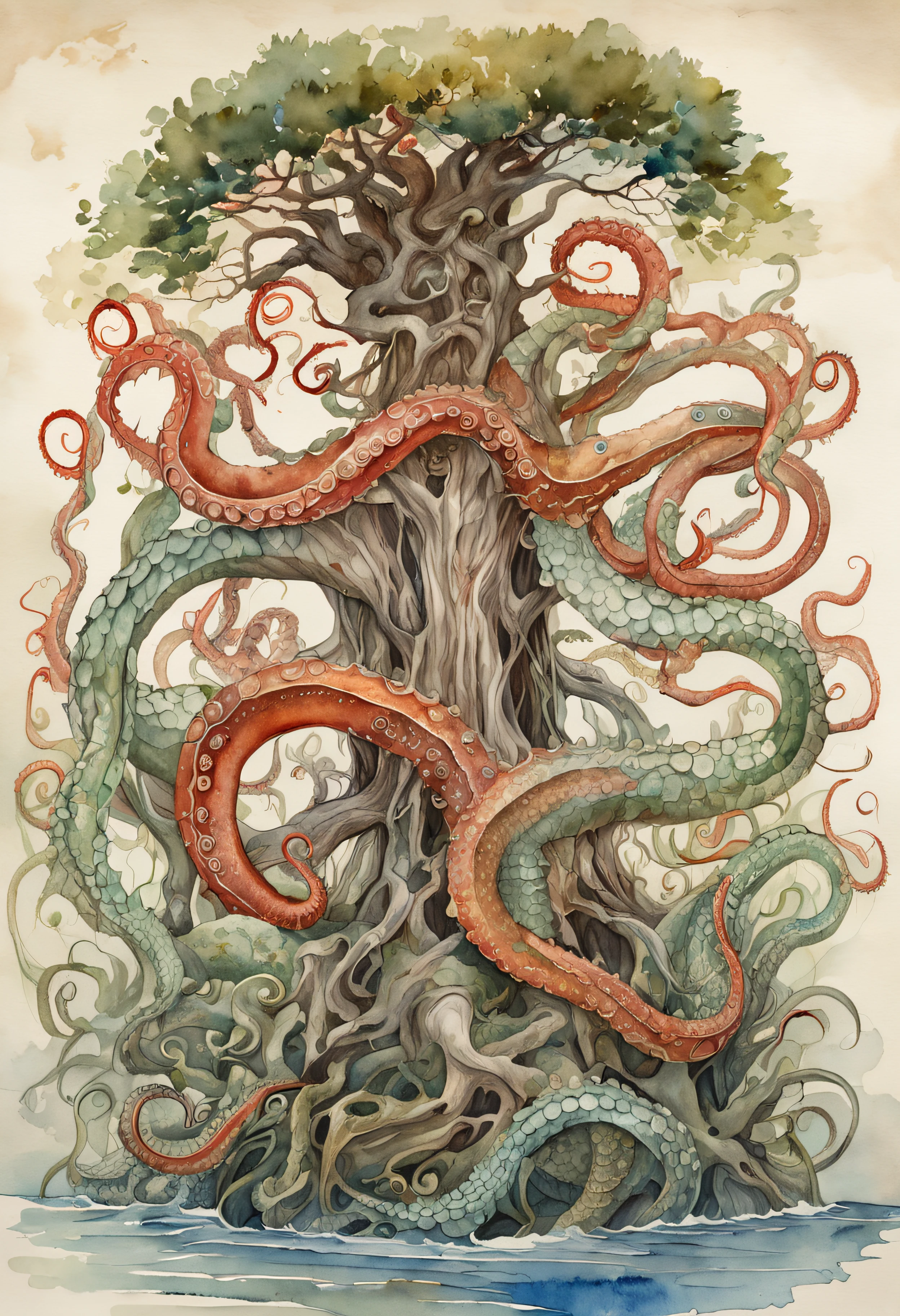 Tentacle demon tree, tentacle tree, plant tentacle, binding, devouring goddess, magic, tentacle trunk inlaid with a beautiful woman, inlaid with a woman kneeling in the tentacle tree fused with the demon tree, covered with tentacles, fine details. Anime. Tentacles, tentacles surrounding, wrapped around colored tentacles, some tentacles touching her, huge greasy tentacles and eyes, many sucked tentacles. Hybrid, biomechanical Oppein, many tentacles, densely packed tentacles, mucus and tentacles, twisted tentacles