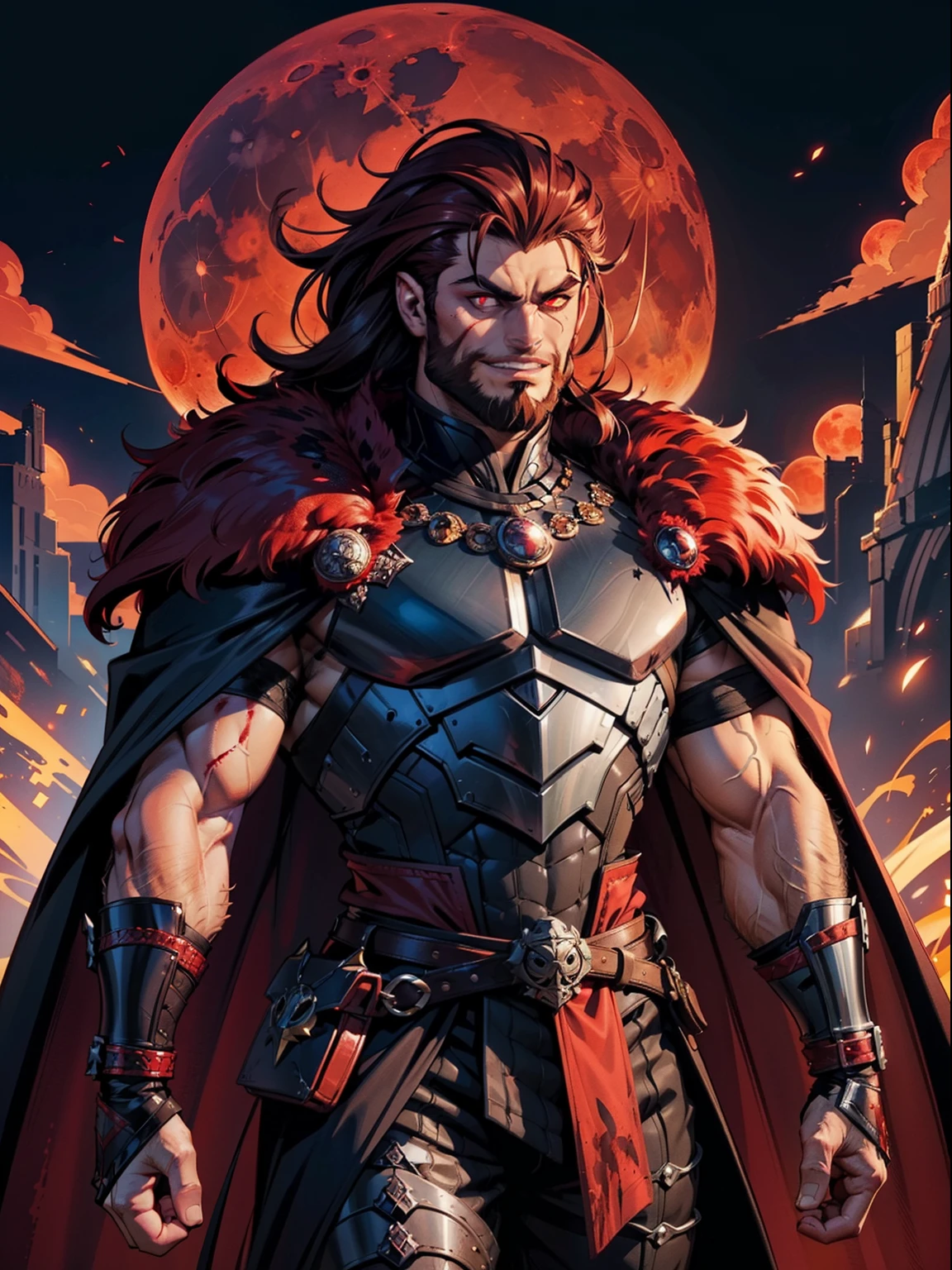 Dark night blood moon background, Hades style, game portrait, flat image, Sadurang from Marvel, hunk, buffed physics, short mane hair, mullet, defined face, detailed eyes, short beard, glowing red eyes, dark hair, wily smile, badass, dangerous, wearing armor set of red dragon scales, cape of furs