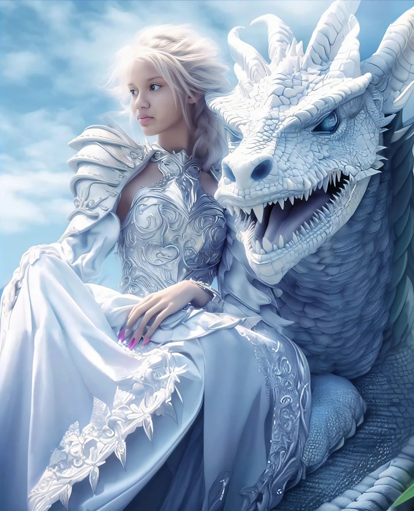 Arafed woman in a white dress sitting on a dragon, Queen of Dragons, dragon queen, No estilo de Anne Stokes, Rainha do gelo e da tempestade, Directed by: Anne Stokes, amazing fantasy art, breathtaking fantasy art, arte de fantasia detalhada, Foto do personagem de fantasia, bela arte de fantasia, arte de fantasia altamente detalhada, gelo e fogo, arte de fantasia hiperrealista, dragon girl