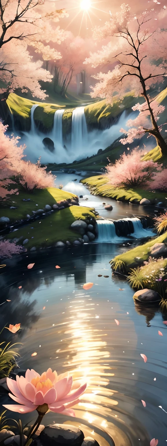 (A landscape painting full of illusory artistic conception),(High waterfalls fall from the sky),A complete waterfall occupies eighty percent of the length of the entire picture,Above the waterfall is the blue sky,Rolling white clouds,Below the waterfall is a pond,splash of water,(There are a lot of scattered ones floating on the surface of the pond(Pink peach blossoms:1.3)of flowers),(There is a patch by the pond(Peach grove:1.3),(Pink big breasts:1.2)of flowers),(The setting sun shines obliquely through the clouds),vivd colour(Light particle effect),(Masterpiece),(Extremely detailed picture description),(8k wallpaper),(Master painting),(Ink painting style),(Noticeable light and shadow effects),(Ray traching),(Obvious layers),(depth of fields),(best qualityer),Ray