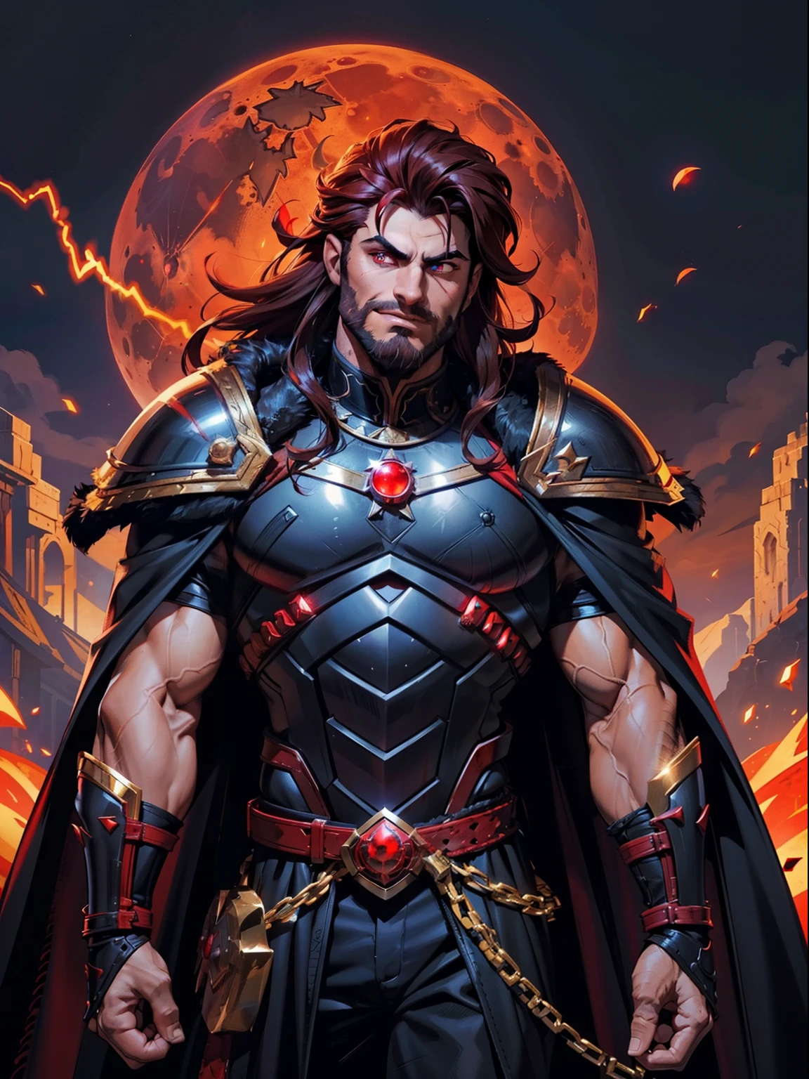 Dark night blood moon background, Hades style, game portrait, flat image, Sadurang from Marvel, hunk, buffed physics, short mane hair, mullet, defined face, detailed eyes, short beard, glowing red eyes, dark hair, wily smile, badass, dangerous, wearing armor set of red dragon scales, cape of furs