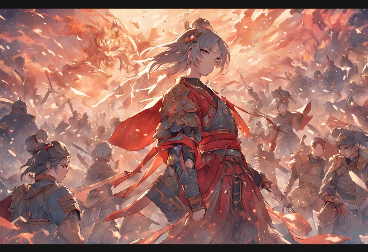 A mural,Two teams of soldiers wearing ancient Chinese armor,One team is on the hill, the other is surrounded by the other,The scene is magnificent,The two teams faced off