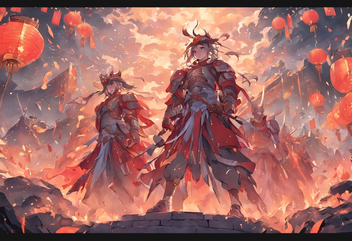 A mural,Two teams of soldiers wearing ancient Chinese armor,One team is on the hill, the other is surrounded by the other,The scene is magnificent,The two teams faced off