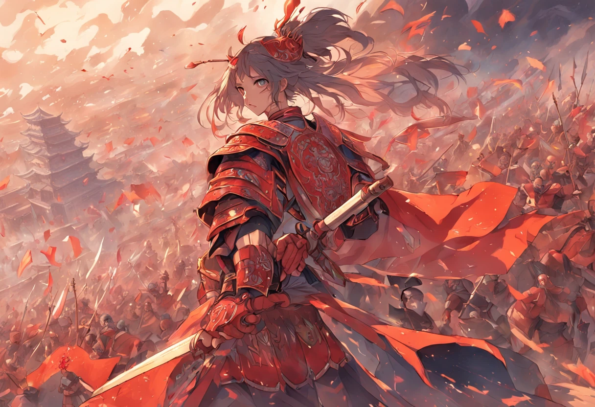 A mural,Two teams of soldiers wearing ancient Chinese armor,One team is on the hill, the other is surrounded by the other,The scene is magnificent,The two teams faced off
