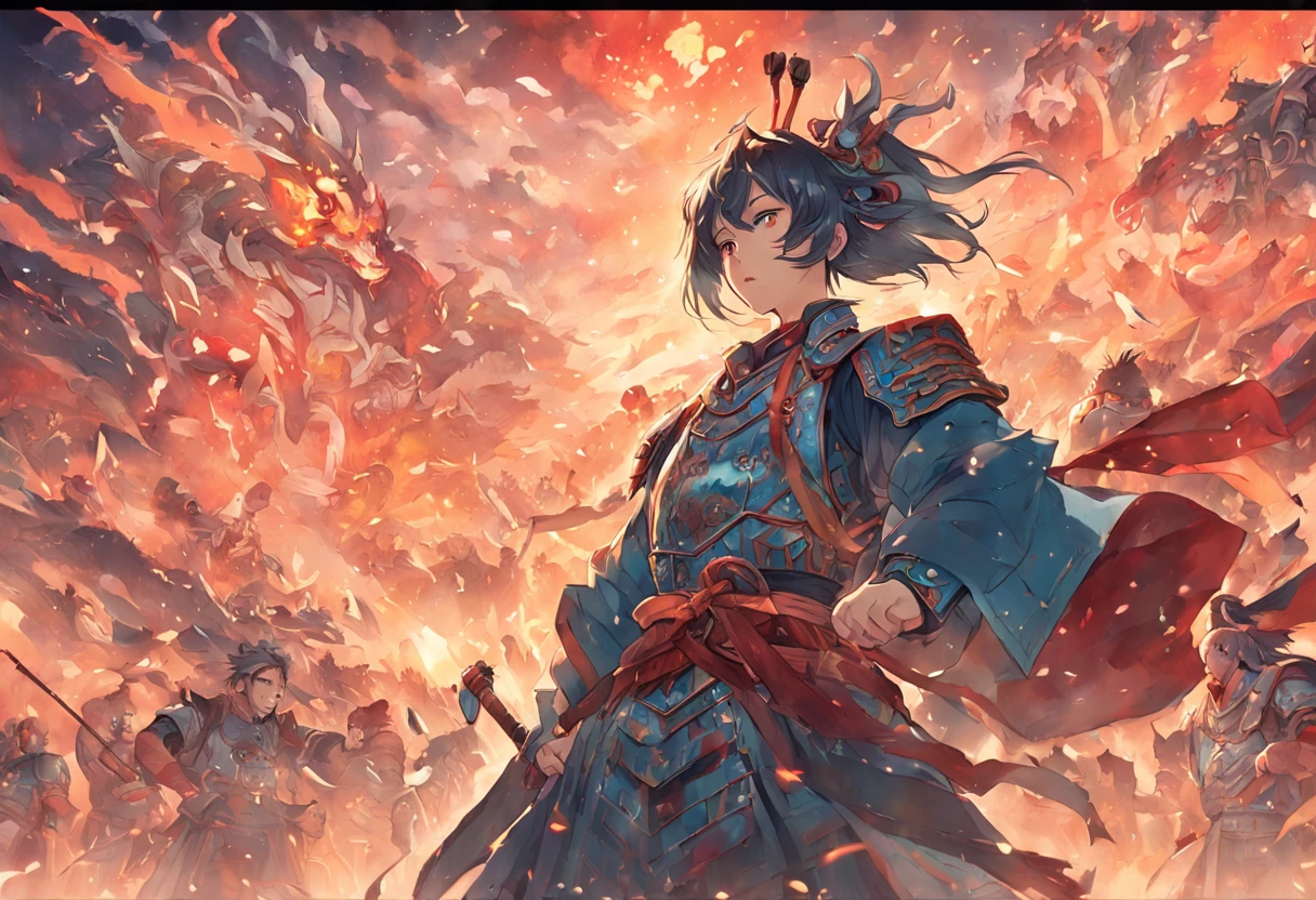 A mural，Two teams of soldiers wearing ancient Chinese armor，One team is on the hill, the other is surrounded by the other，The scene is magnificent，The two teams faced off