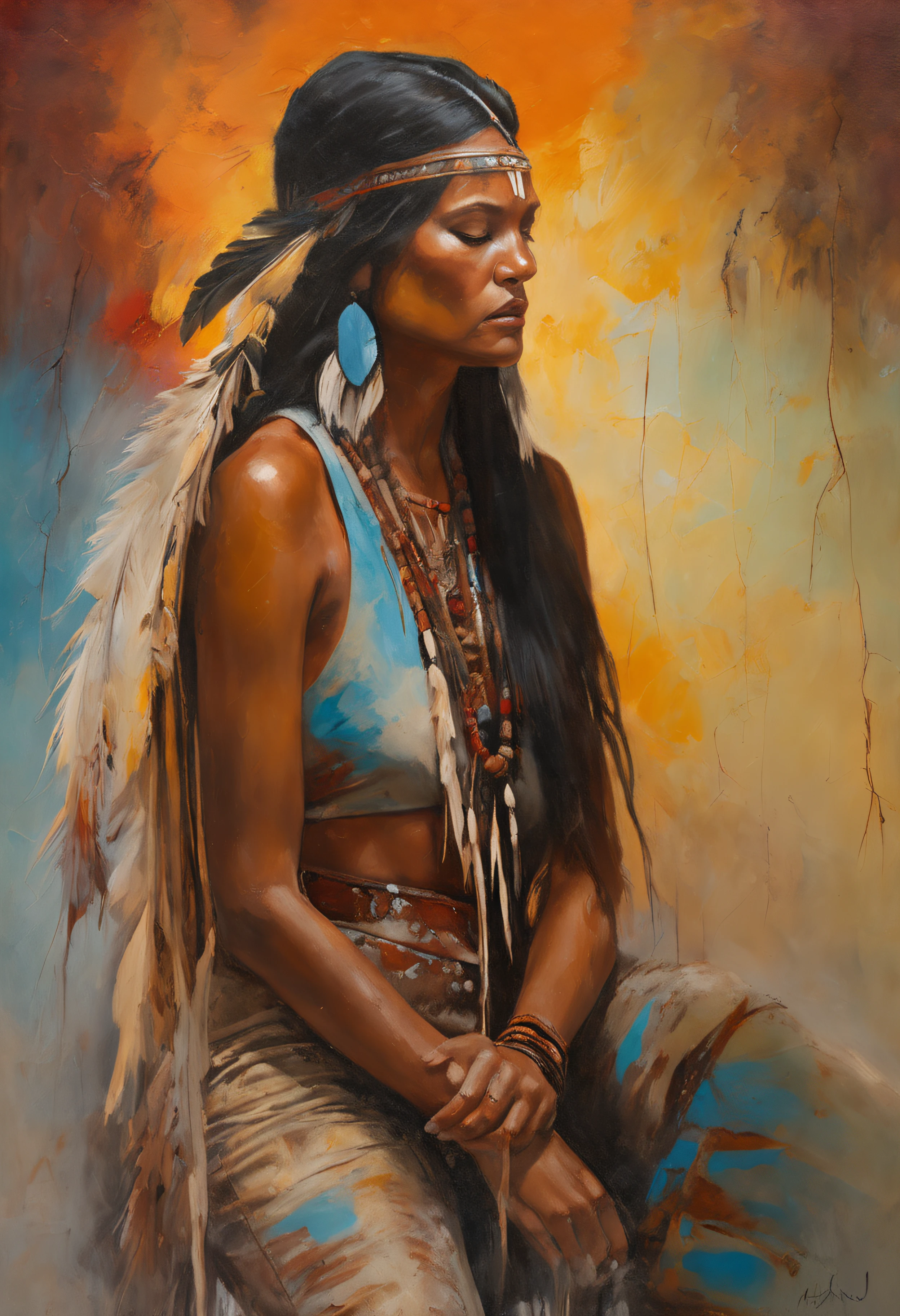 ultra detailed artistic photography, Native American beautiful Apache female, tee pee, moonlight, fire pit, feathers, sexy, dreamy, glowing, backlit, shadows, oil on canvas, smooth, ultra high definition, 8k, ultra sharp focus, intricate artwork masterpiece, flowy outfit, highly detailed, vibrant, production cinematic character render, ultra high quality model