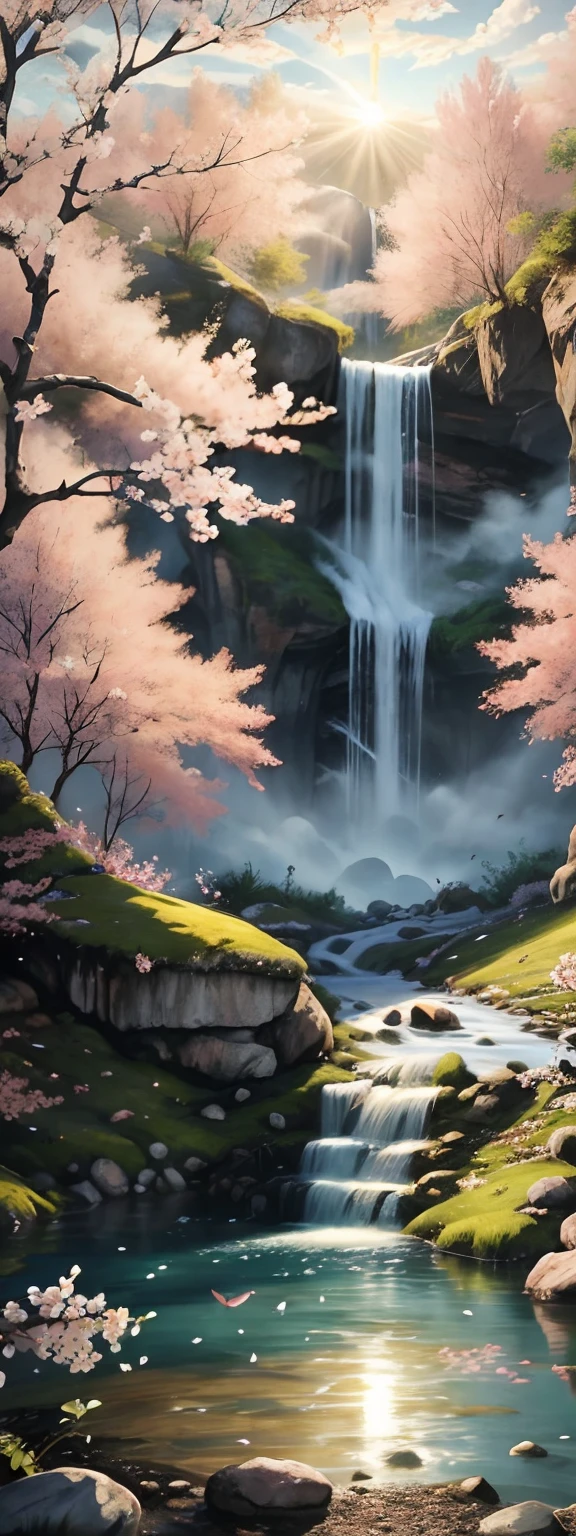 (A landscape painting full of illusory artistic conception),(High waterfalls fall from the sky),A complete waterfall occupies eighty percent of the length of the entire picture,Above the waterfall is the blue sky,Rolling white clouds,Below the waterfall is a pond,splash of water,(There are a lot of scattered ones floating on the surface of the pond(Pink peach blossoms:1.3)of flowers),(There is a patch by the pond(Peach grove:1.3),(Pink big breasts:1.2)of flowers),(The setting sun shines obliquely through the clouds),vivd colour(Light particle effect),(Masterpiece),(Extremely detailed picture description),(8k wallpaper),(Master painting),(Ink painting style),(Noticeable light and shadow effects),(Ray traching),(Obvious layers),(depth of fields),(best qualityer),Ray