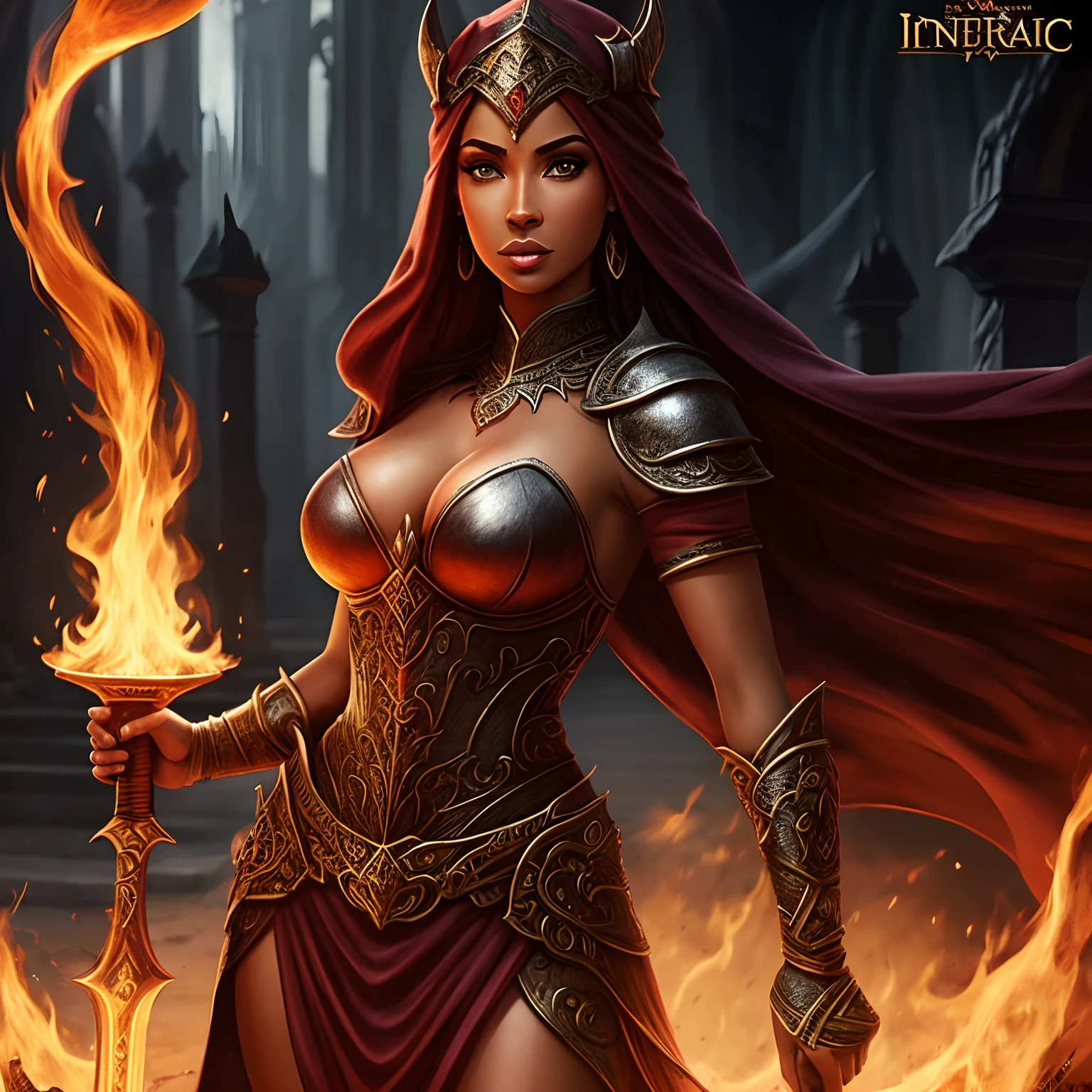 mulher elfa infernal, sexy, pele clara, linda, cabelos vermelhos, olhos amarelos, orelhas elficas, roupa preta, brilho, hiperrealista, concept art, medieval, epic, fantasia, guerreira, maligna, chamas, labaredas, inferno 2.5d cgi