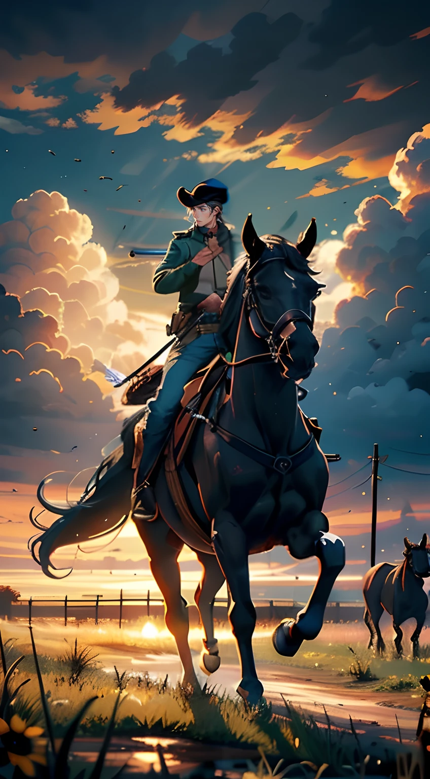 A powerful rider riding a horse in a beret hat,The rider with the shotgun on his back sat on horseback,Western hunter with beret on horse