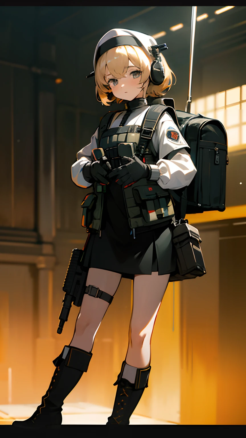 top-quality、supreme1People Girls,hightquality,A detailed face、A detailed eye、Detailed nose、Detailed mouth、 Beautiful expression, ((masuter piece)), ((High resolution)), ((Best Quality)), detail, (posterior view:1.3.With one knee on the ground,:1.4), ((Skin shiny with sweat)), (vests、a miniskirt、long boots)、girl with, a blond, (Half Twin Tail)、hold a gun:1.4、fair white skin:1.3、、Smaller chest, s ass、cinmatic lighting, perfectly shaded,(((Wasteland))), Realistic lighting with shades,Reflecting the whole body