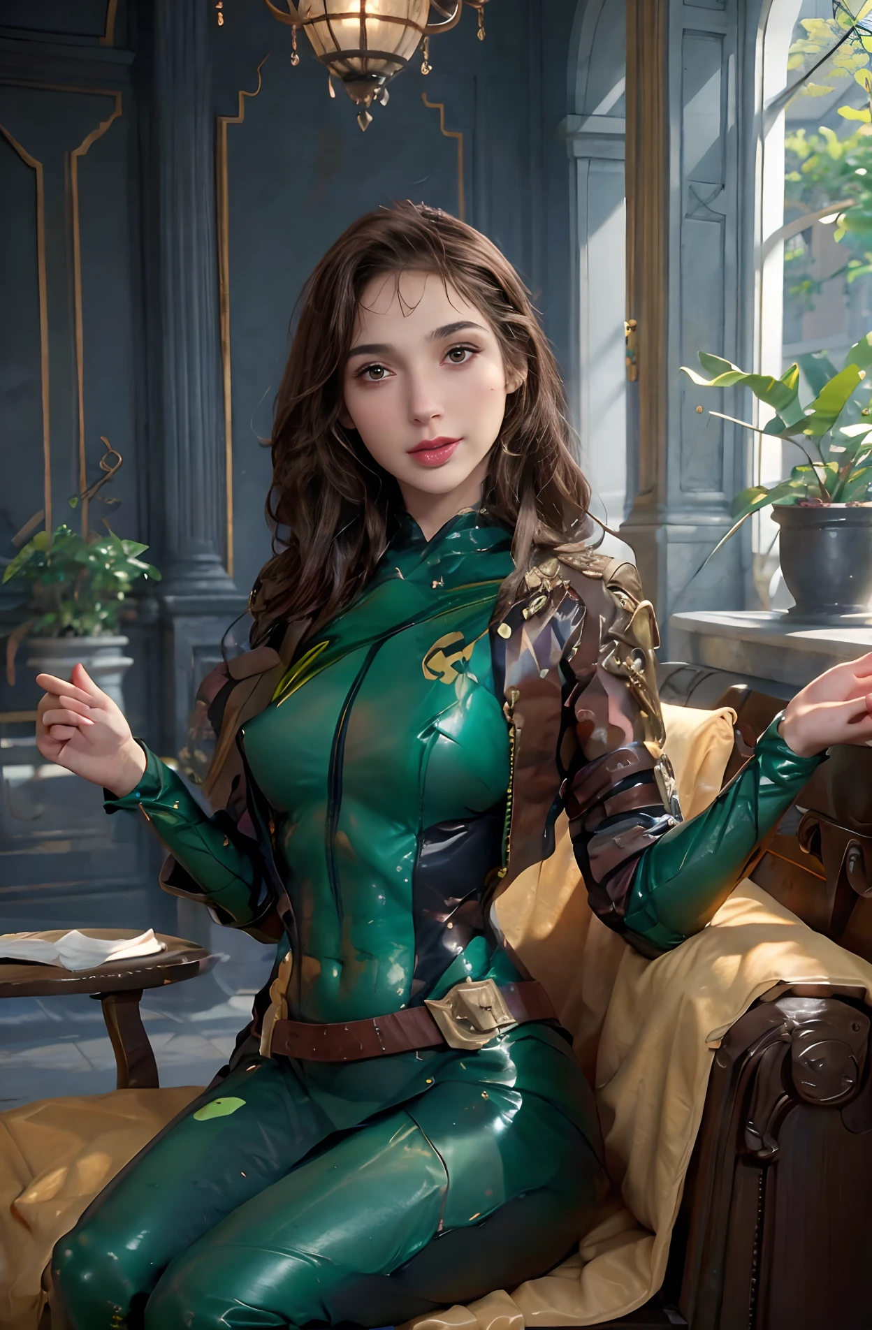 (master part, best quality:1.2), ClassicRogue, 1girl, sozinho, Cabelos Longos, seios, sorrir, seios grandes, brown hair, olhos verdes, suit jacket, cabelo grande, cabelos brancos, cabelos multicoloridos, separated-lips, roupas abertas, belt, Cabelos em dois tons, jaqueta aberta, lips, Bodysuit, umbigo coberto, maquiagem, musculoso, headband, Abs, pele apertada, roupas multicoloridas, muscular female, franja tingida, bodysuit multicolorido, Bodysuit Verde, bodysuit amarelo, borboleta, bug, janela, sentado, dentro, PLANTA, livro, laptop, computador, sofa, Olhando para o Viewer, boca fechada, Blurry, borboleta azul, PLANTAa em vaso, Building, no expression, profundidade de campo, pilha de livros, dia