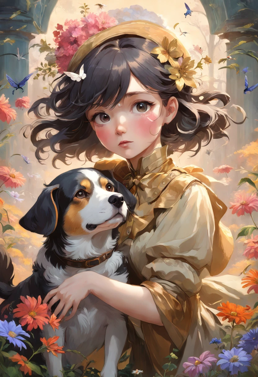Portrait, Medium shot , A lady with wings and a dog,  in an art nouveau style, wildflowers , Photorealistic masterpiece,Inspired by Bert George Romney dogs , greg rutkovsky, Art germ, Phlegm sputum, phlegm,  tom bagshaw, Zdzislaw Beksinski, Yoshitaka Amano