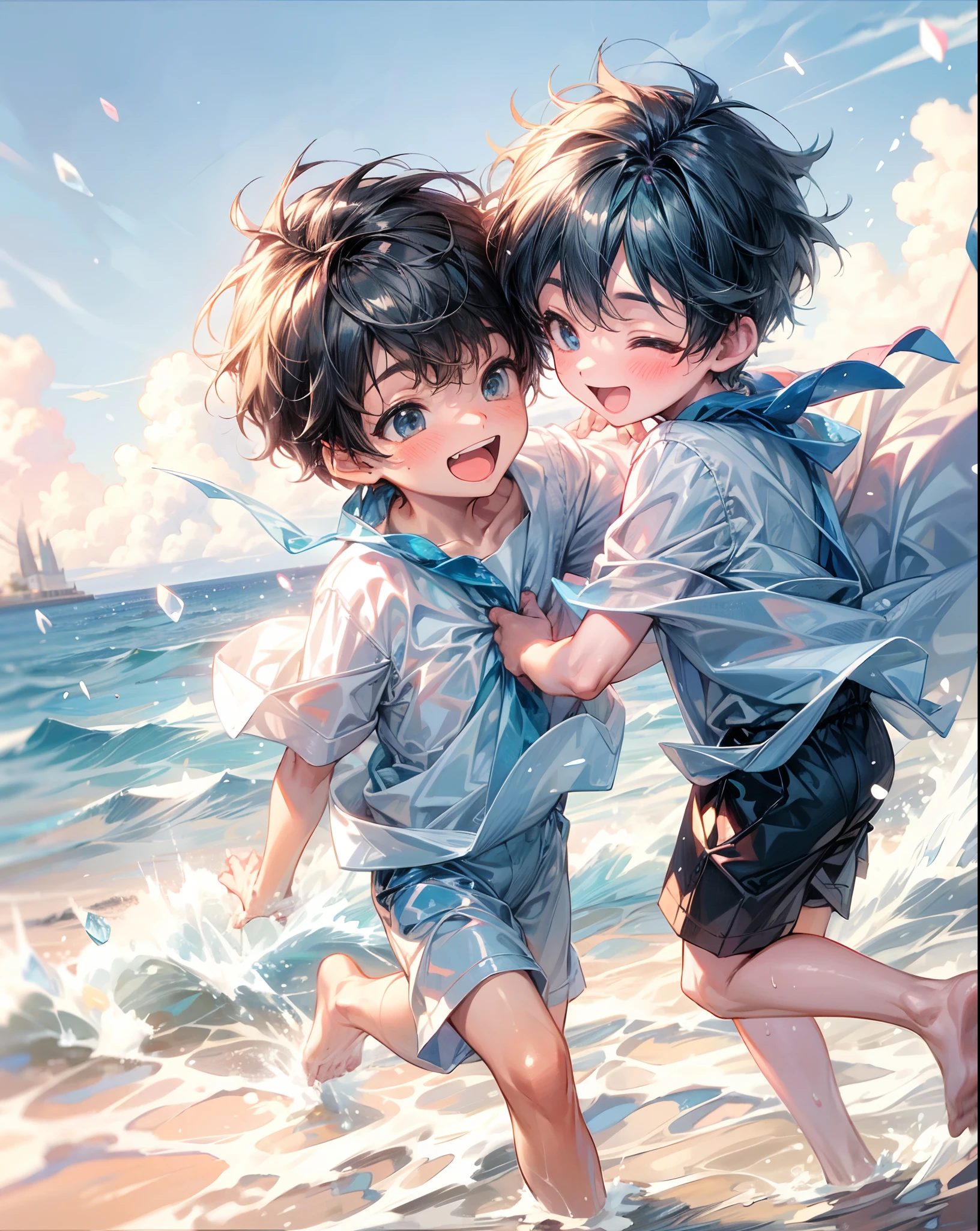 Two adorable boys enthusiastically playing in the crystal-clear waters of the vast ocean.
