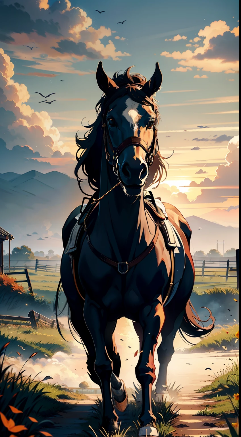 Eight horses ran across the endless prairie ,A male Western hunter rides on a white steed in front,The white steed roared into the sky,Rush to the audience,(The hunter wears a berets,Carrying a shotgun on his back,Brown cowhide boots,Visually inspect the audience,Full body appearance,(Close-up:1.2)),(A delicate depiction of the hunter's body and face),Close-up,Black horse,Red Horse,Brown horse,Eight horses of different colors,(Eight horses appeared),Travel through vast and spectacular savannahs,Spectacular,Flying birds,(The setting sun shines obliquely:1.2),(sun shining through clouds), Blue and pure sky,Rolling white clouds, Autumn tones,(light and shadow effect),(Depth of field effect),(Tyndall),(Light particle tracing),(OilPaintStyle),(CG),(Cinematic lighting visuals),(Volumetriclighting),(Unreal 5),(cinema4d),(vivd colour),(Obvious layers),(Photography Award),(8k wallpaper),(Masterpiece),(best qualtiy), photorealestic,realisticlying