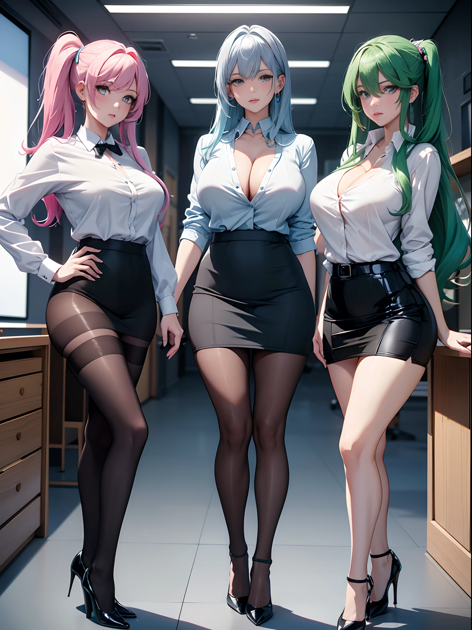 absurderes, 8K ,A high resolution, Ultra detailed, Beautiful, Masterpiece, Best quality, (Beautiful and delicate silver eyes), (3girl) ,Three sexy beautiful young women working as office OL (Office Lady),white button-down blouse，There is a collar,Black Slit Skirt,(Black pantyhose),Long legs ,Detailed legs,High heels,Side ponytail , bangs,full bodyesbian,Big breasts,cleavage,Green hair，Blue hair，Pink hair，