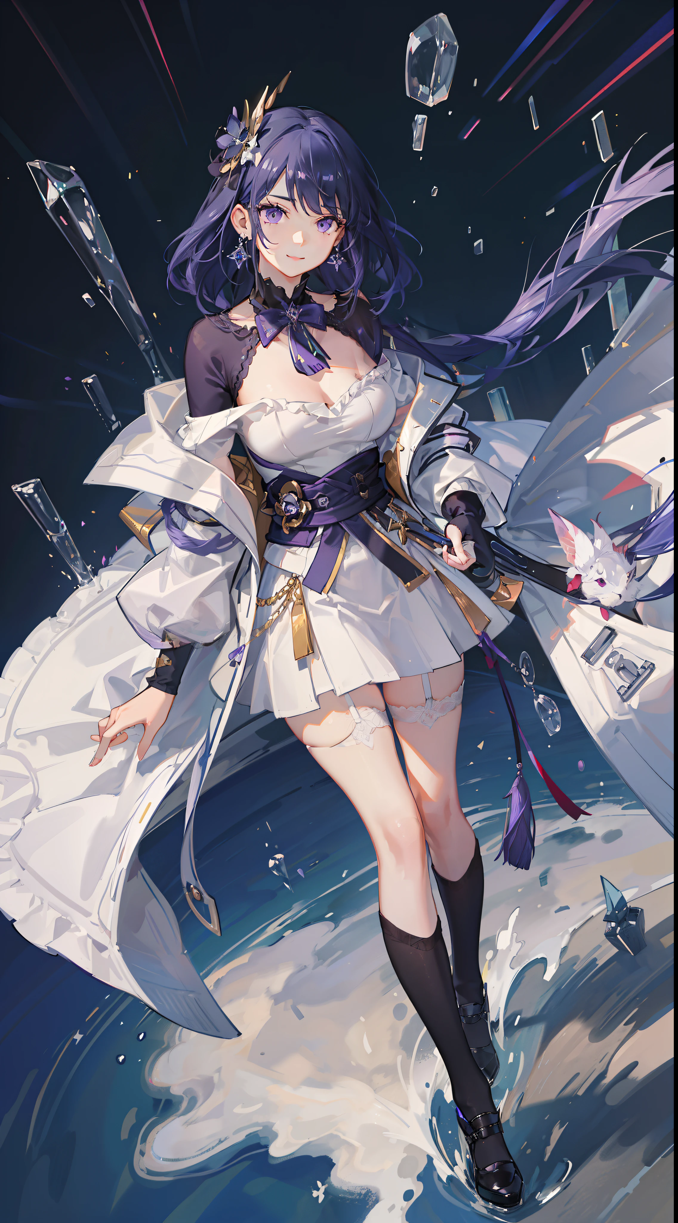 Perspectives,detailed,8k,masterpiece, best quality, 1girl, swept bangs, medium hair, medium breasts, off shoulder, skirt, highres. white background, light smile, detailed eyes, collared jacket, mature female, cropped legs, facing viewer, black garter belt, staning, hands in pockets, purple hair purple eyes bangs long hair earrings hair ornament