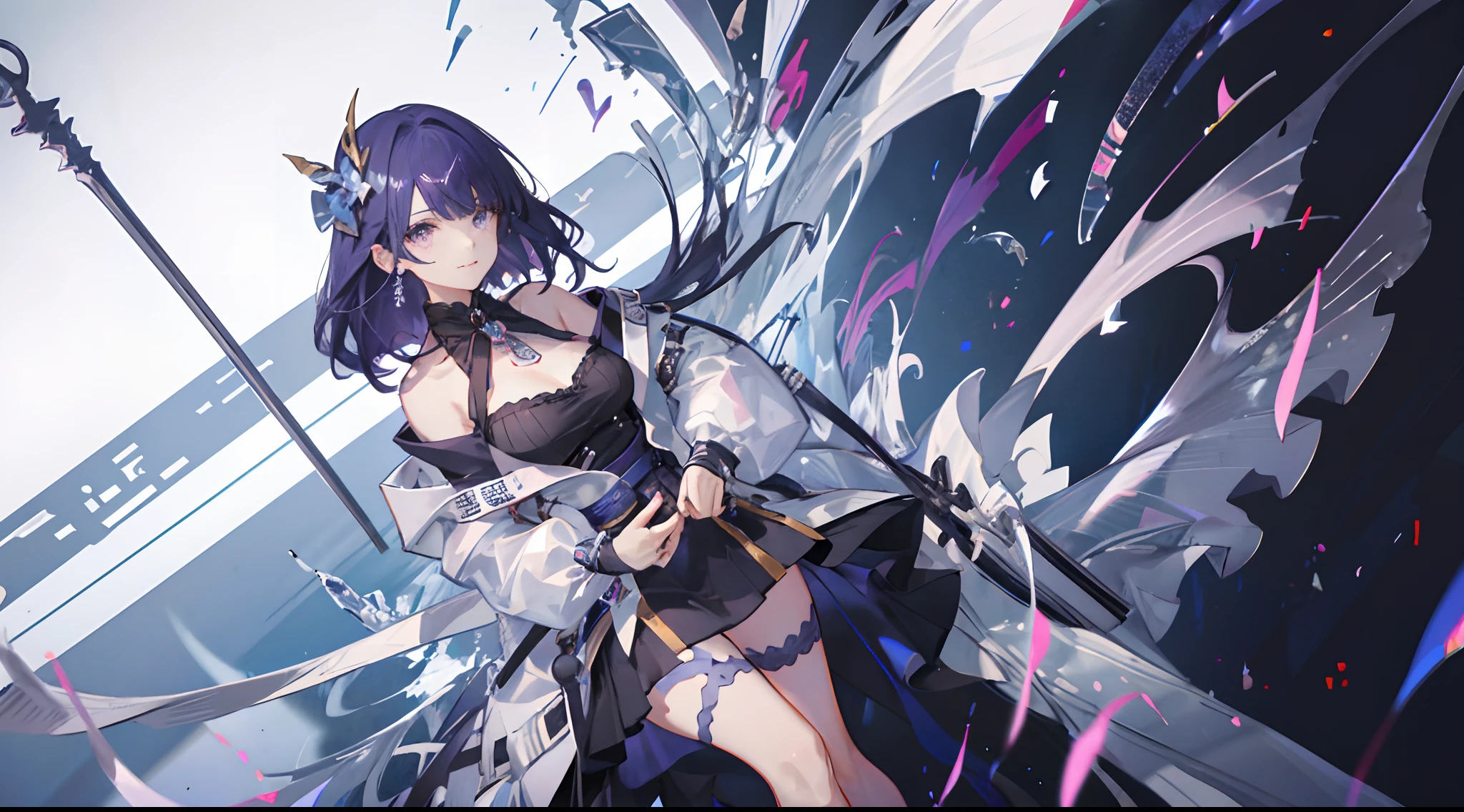 Perspectives,detailed,8k,masterpiece, best quality, 1girl, swept bangs, medium hair, medium breasts, off shoulder, skirt, highres. white background, light smile, detailed eyes, collared jacket, mature female, cropped legs, facing viewer, black garter belt, staning, hands in pockets, purple hair purple eyes bangs long hair earrings hair ornament