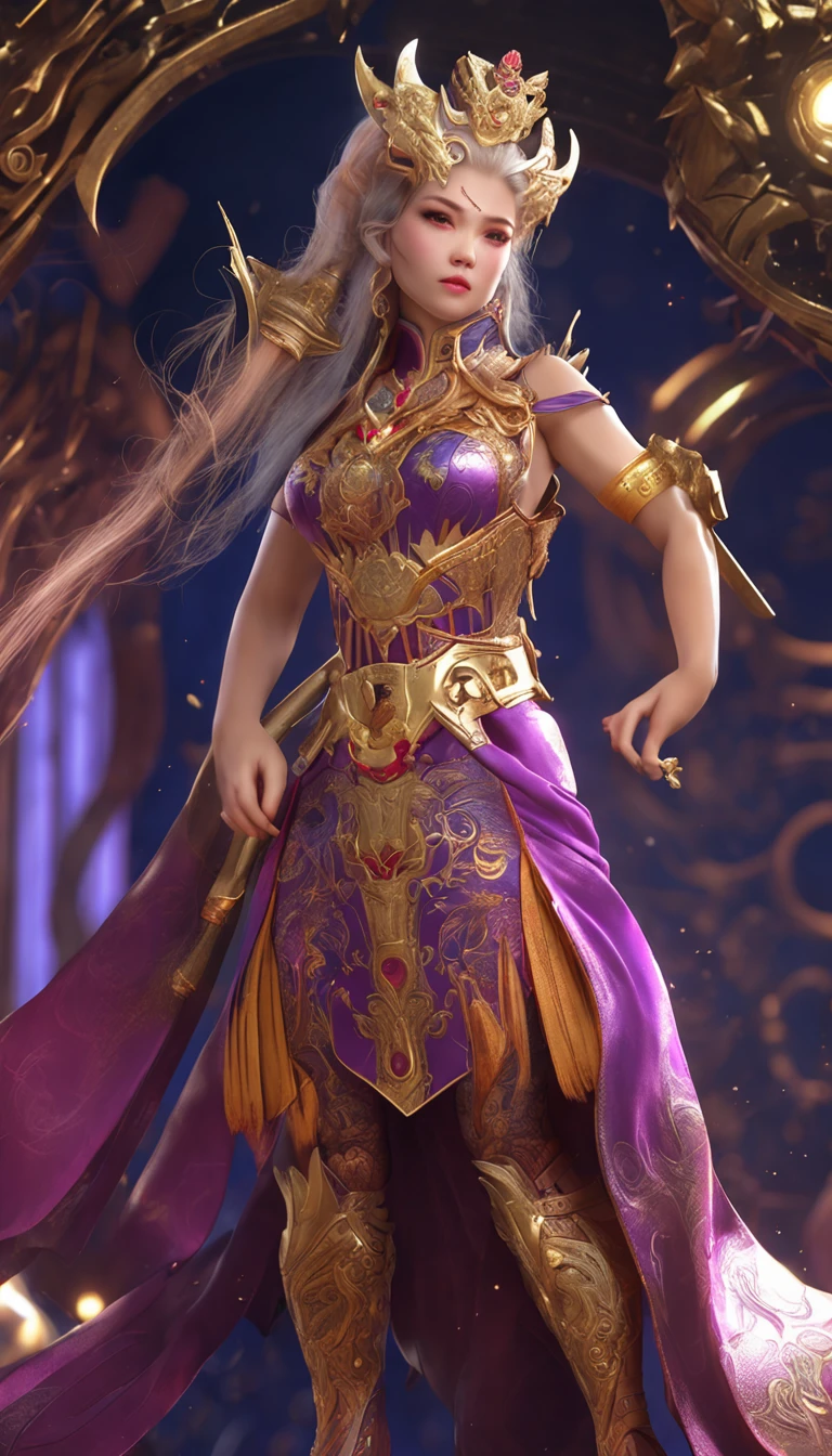 short blonde hair, Sleeveless purple cheongsam with deep slit, Shiny shoulder armor on the shoulders, Gorgeous gold embroidery on cheongsam, Glossy leg guard on bare feet with exposed thighs, Blue Left Eye Dragon Emblem, Golden right eye, Gold tip of magic wand with red jewel in hand on pedestal, Ultra-detailed outline, Highly intricate and detailed fantasy Unreal Engine artwork, Complex detailed complementary colors, 16K resolution, deviantart masterpiece, An oil masterpiece with heavy strokes and ultra-sharp focus, of the highest quality, Highly detailed CG Unity 8k wallpaper, awardwinning photo, Highly detailed, ArtStation, CGsociety, with an intricate, Dramatic, depth of fields, chromatic abberation, high detailing, Conceptual art, High quality, UHD, masterpiece, ccurate, textured skin, super detail, high details, award winning, best quality, 16k, highres