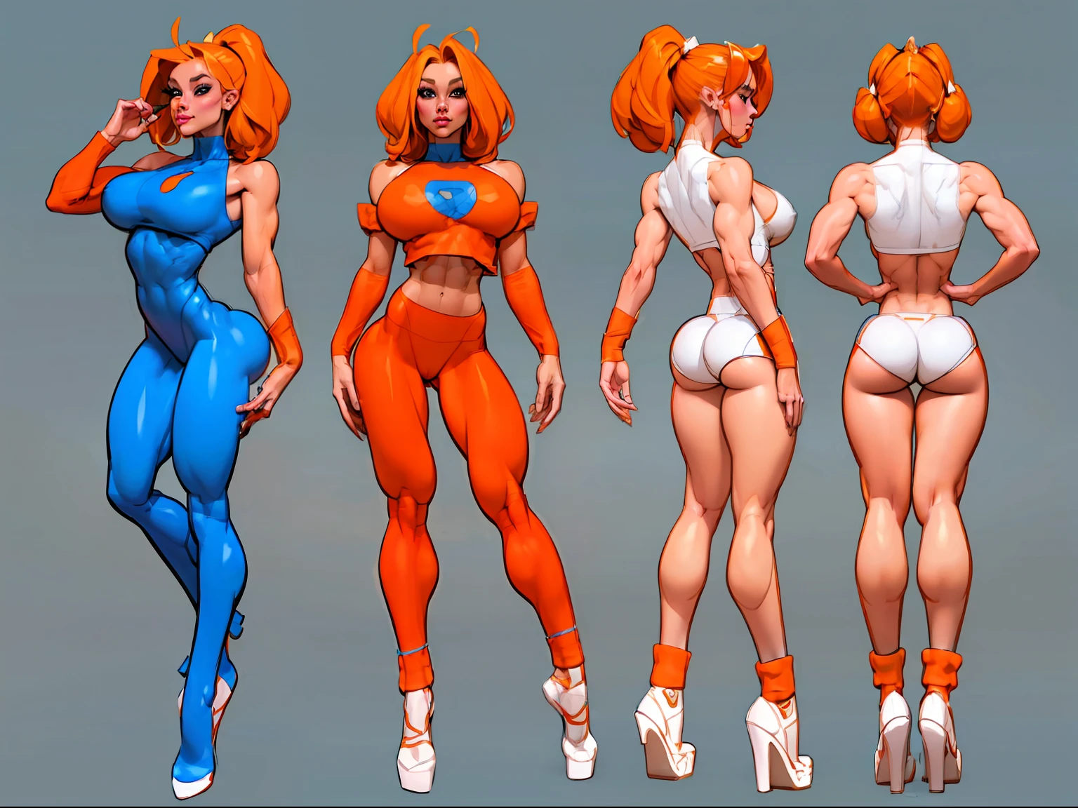 ((masterpiece)),(((best quality))),((character design sheet)), illustration,1woman, environment Scene change, hair bangs, leg warmers, muscular, white legs, thick legs, (white skin:1.2)scribbles and marks, fire, ((detailed face:1.1)), rough sketches, pose too, ((orange hair:1.2)), (blue clothing:1.3) , 8k,16k, (simple background, light background: 1.3)