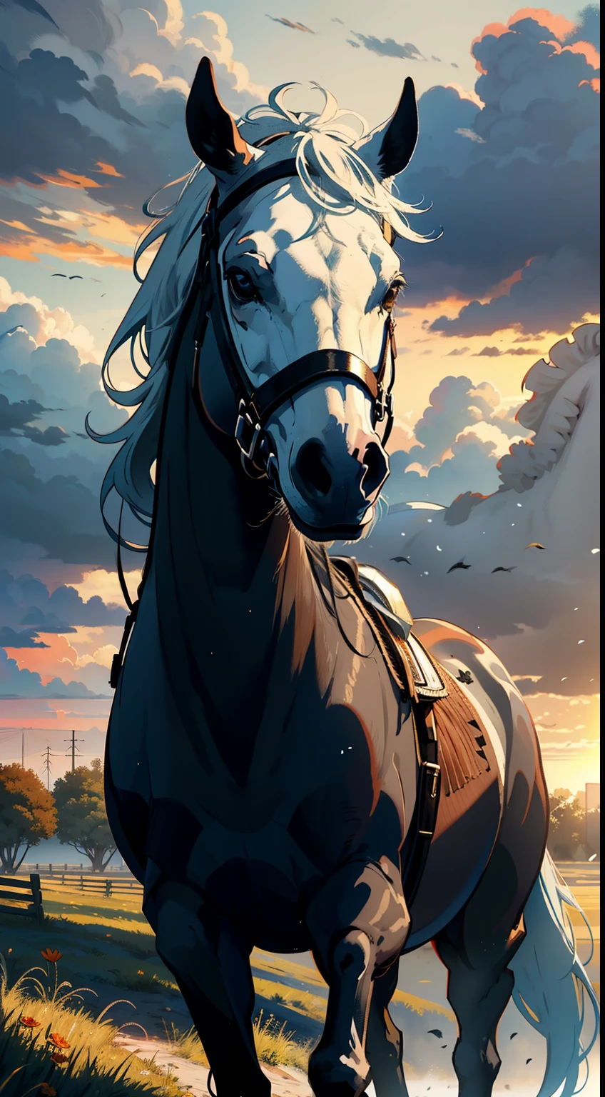 Eight horses ran across the endless prairie ,A male Western hunter rides on a white steed in front,The white steed roared into the sky,Rush to the audience,(The hunter wears a berets,Carrying a shotgun on his back,Brown cowhide boots,Visually inspect the audience,Full body appearance,(Close-up:1.2)),(A delicate depiction of the hunter's body and face),Close-up,Black horse,Red Horse,Brown horse,Eight horses of different colors,(Eight horses appeared),Travel through vast and spectacular savannahs,Spectacular,Flying birds,(The setting sun shines obliquely:1.2),(sun shining through clouds), Blue and pure sky,Rolling white clouds, Autumn tones,(light and shadow effect),(Depth of field effect),(Tyndall),(Light particle tracing),(OilPaintStyle),(CG),(Cinematic lighting visuals),(Volumetriclighting),(Unreal 5),(cinema4d),(vivd colour),(Obvious layers),(Photography Award),(8k wallpaper),(Masterpiece),(best qualtiy), photorealestic,realisticlying