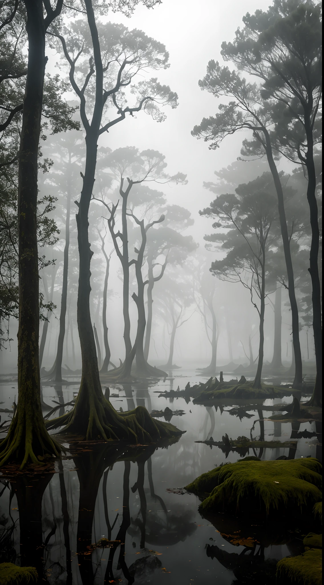 A murky swamp with twisted trees rising from the water, Hue, window light, spotlight masterpiece, realistic, award winning, volumetric light and fog, subsurface scattering, caustics, bloom, perfect exposure, perfect composition, rule of thirds, 8k, hdr10, cinematic, breathtaking, ray tracing,cinematic, photorealism, ultra detailed, hyperrealist, 8k,Dark, scary, terrifying