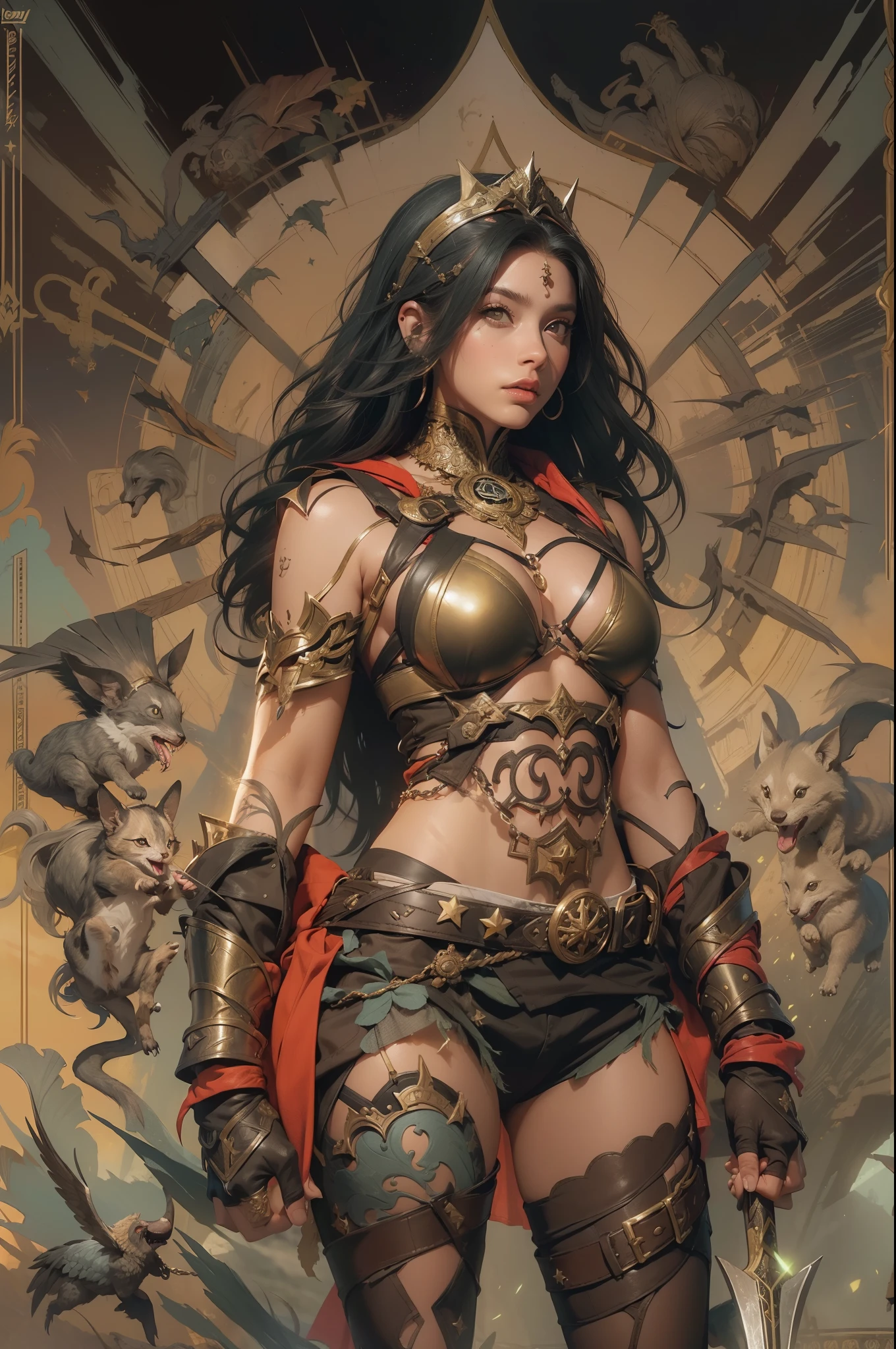 (((mulher))), (((melhor qualidade))), (((obra prima))), (((adulto))), ((( Vision from the waist up ))), comics style, Uma mulher guerreira gladiadora Barbara loira, of 30 years with athletic body, Post Apocalypse, Armadura moderna, capuz, Half-moon symbols and gold stars on clothing, Arabic symbols, muitas joias, (((sozinho))), (((1girl))) , Gladiadores do Brooklyn, quase nua no estilo selvagem urbano de Simon Bisley para a capa da revista Heavy Metal, cabelos moicanos, pose sensual, tiny leather panties, Minimum clothing, black and red arabesque pattern, armadura, cheio de pontas e estrelas, (((da cintura pra cima))), cabelo colorido, 8k