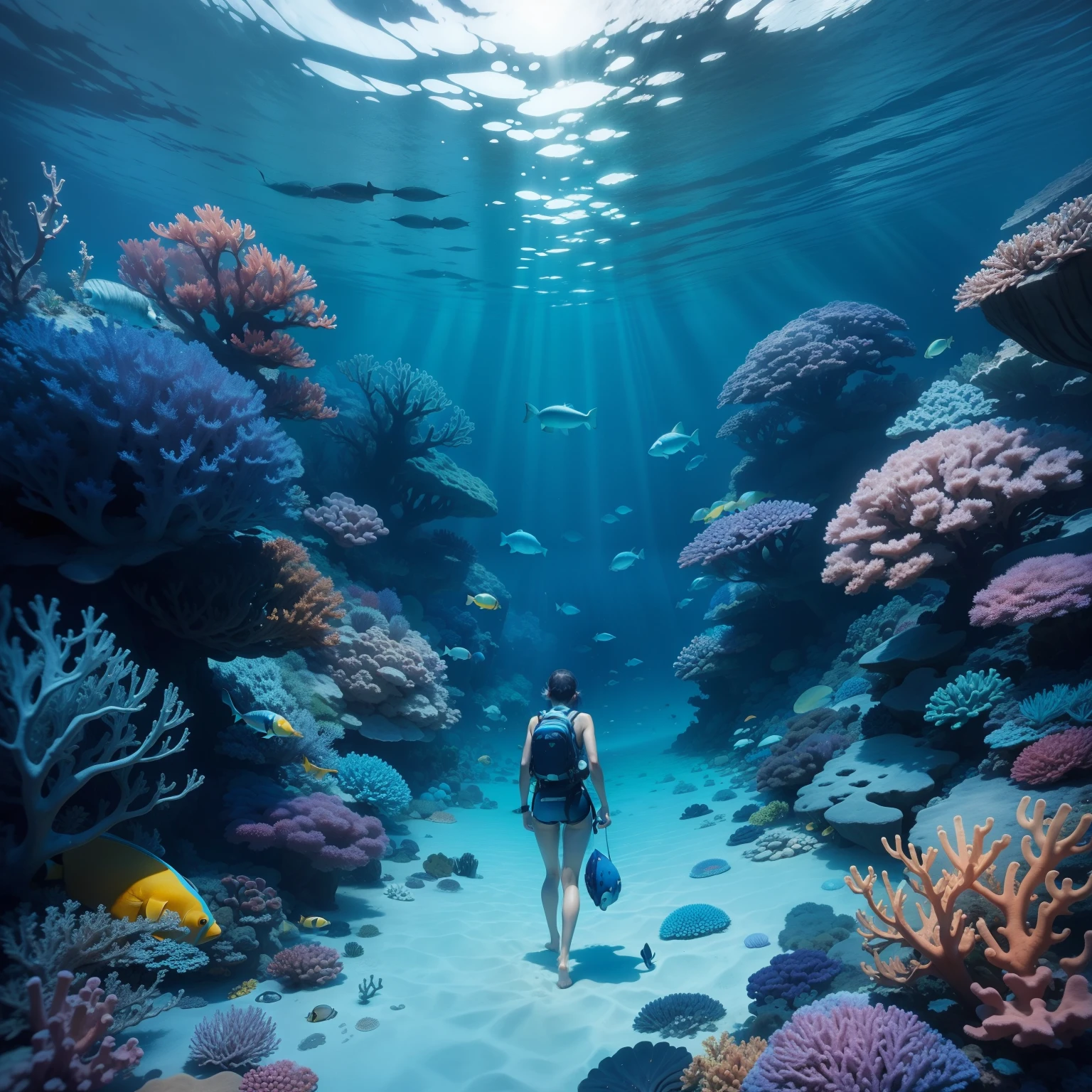 Freediving, Face away from the camera, Blue seabed, Colorful corals, tropical fishes, The ocean is magnificent。
