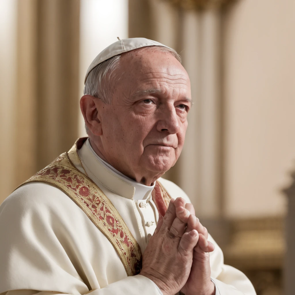 (Professional 3D rendering:1.3) de (Realistic:1.3) (Professional 3D rendering:1.3) de (Realistic:1.3) Papa Francisco, in prayer at the Vatican, Your hands together, Face in lush cinematic lighting, o interior da igreja adornado com rosas, offering a sense of warmth and comfort, cena retratada com extremo realismo