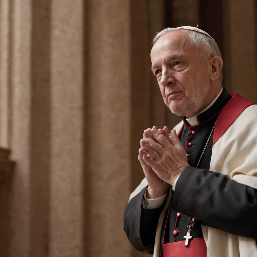 (Professional 3D rendering:1.3) de (Realistic:1.3) (Professional 3D rendering:1.3) de (Realistic:1.3) Papa Francisco, in prayer at the Vatican, Your hands together, Face in lush cinematic lighting, o interior da igreja adornado com rosas, offering a sense of warmth and comfort, cena retratada com extremo realismo