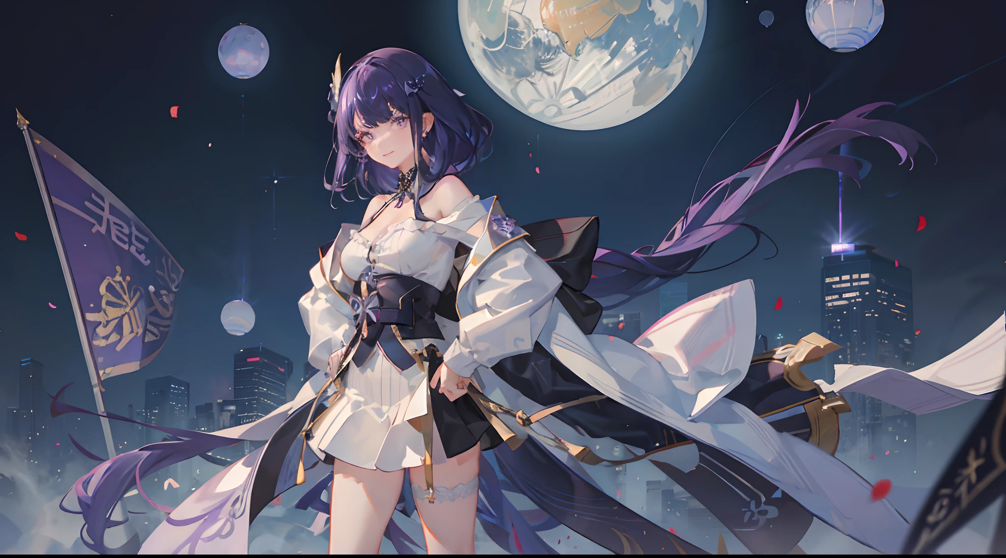 Perspectives,detailed,8k,masterpiece, best quality, 1girl, swept bangs, medium hair, medium breasts, off shoulder, skirt, highres. white background, light smile, detailed eyes, collared jacket, mature female, cropped legs, facing viewer, black garter belt, staning, hands in pockets, purple hair purple eyes bangs long hair earrings hair ornament