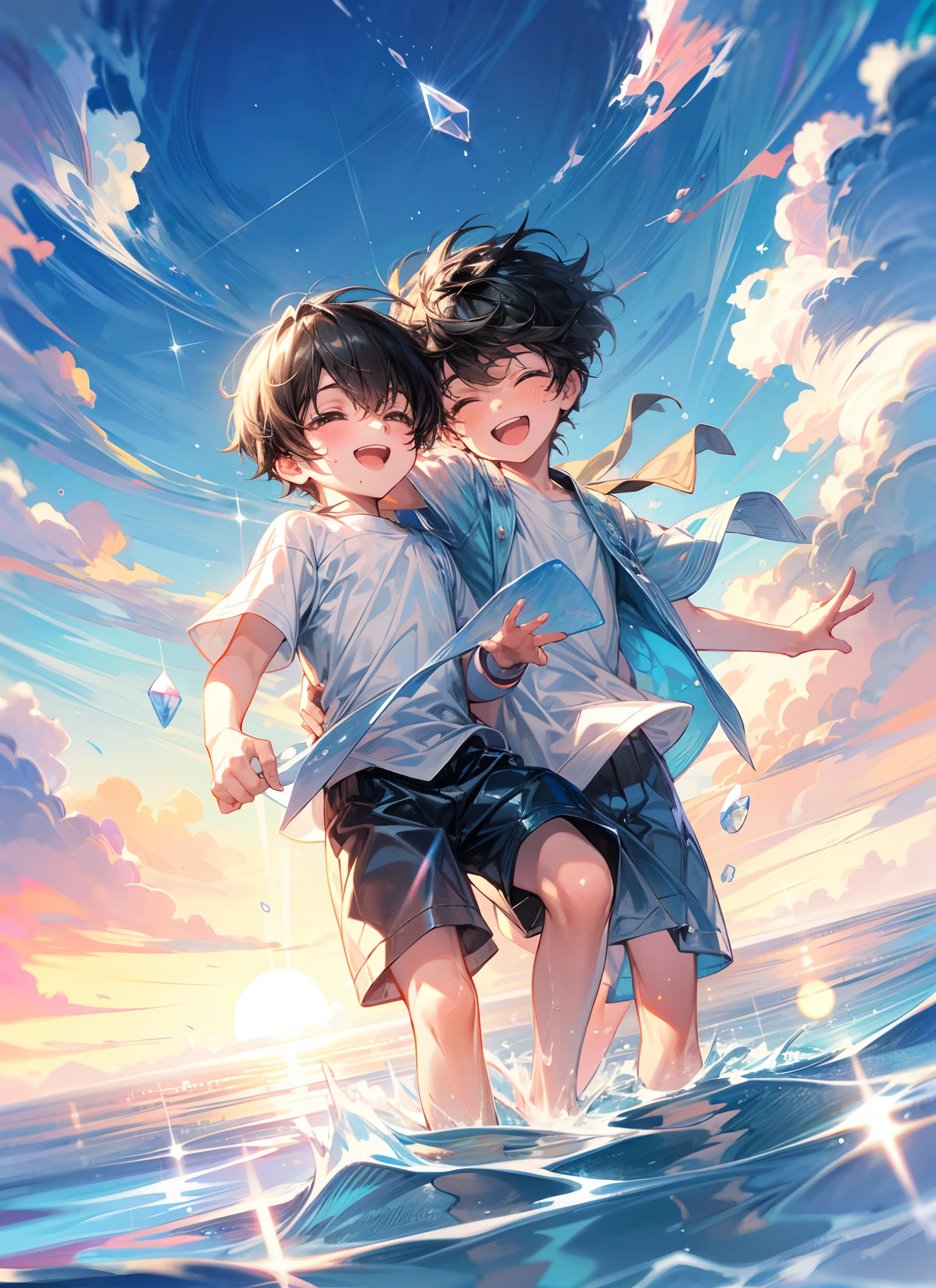 Two adorable boys enthusiastically playing in the crystal-clear waters of the vast ocean.