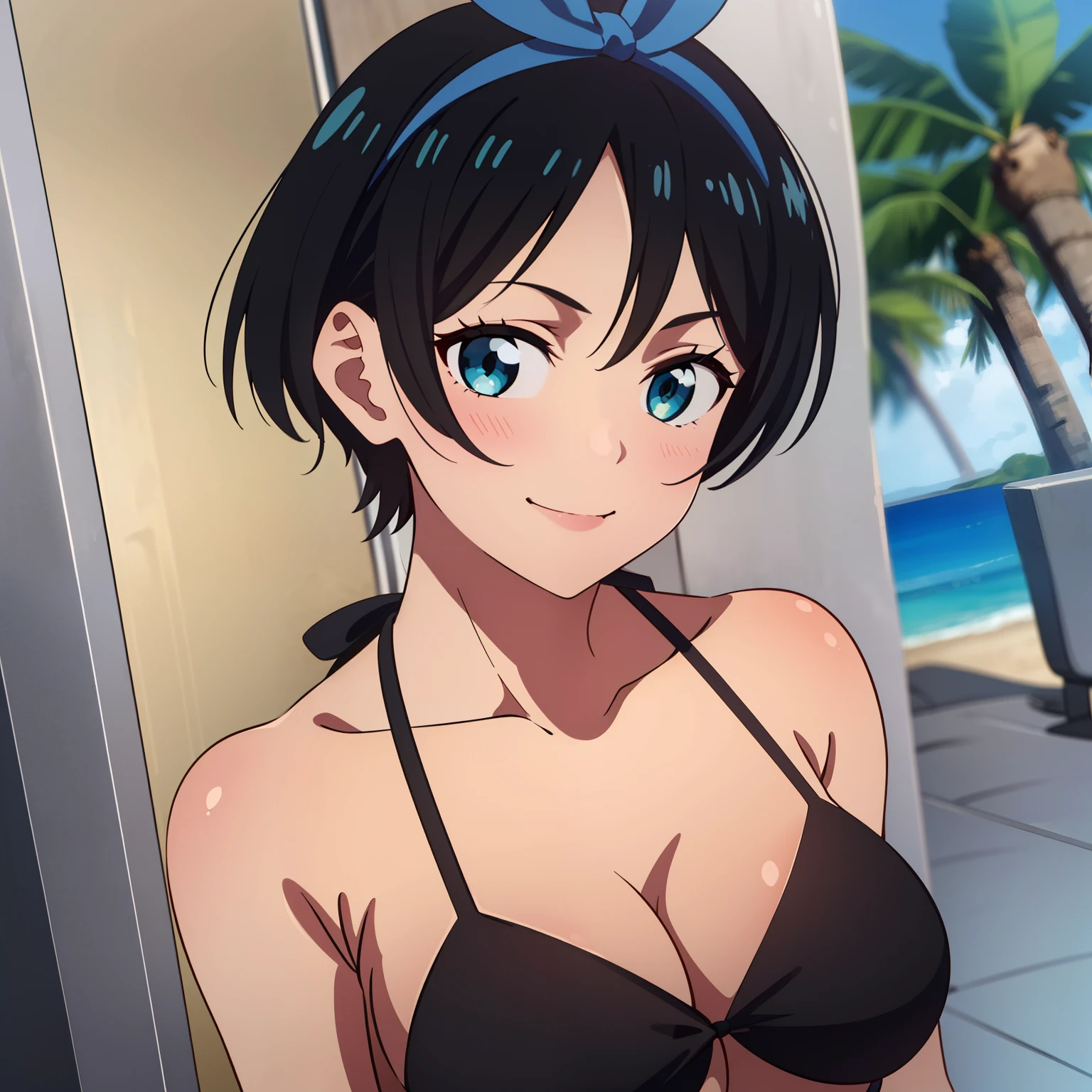 1girl, solamente, Sarashina Ruka, cabello negro, Cinta para el pelo azul, cinta azul pelo, pelo corto, ojos azules, Obra maestra, La mejor calidad, bikini negro, senos grandes, Mar, feliz, They are smiling