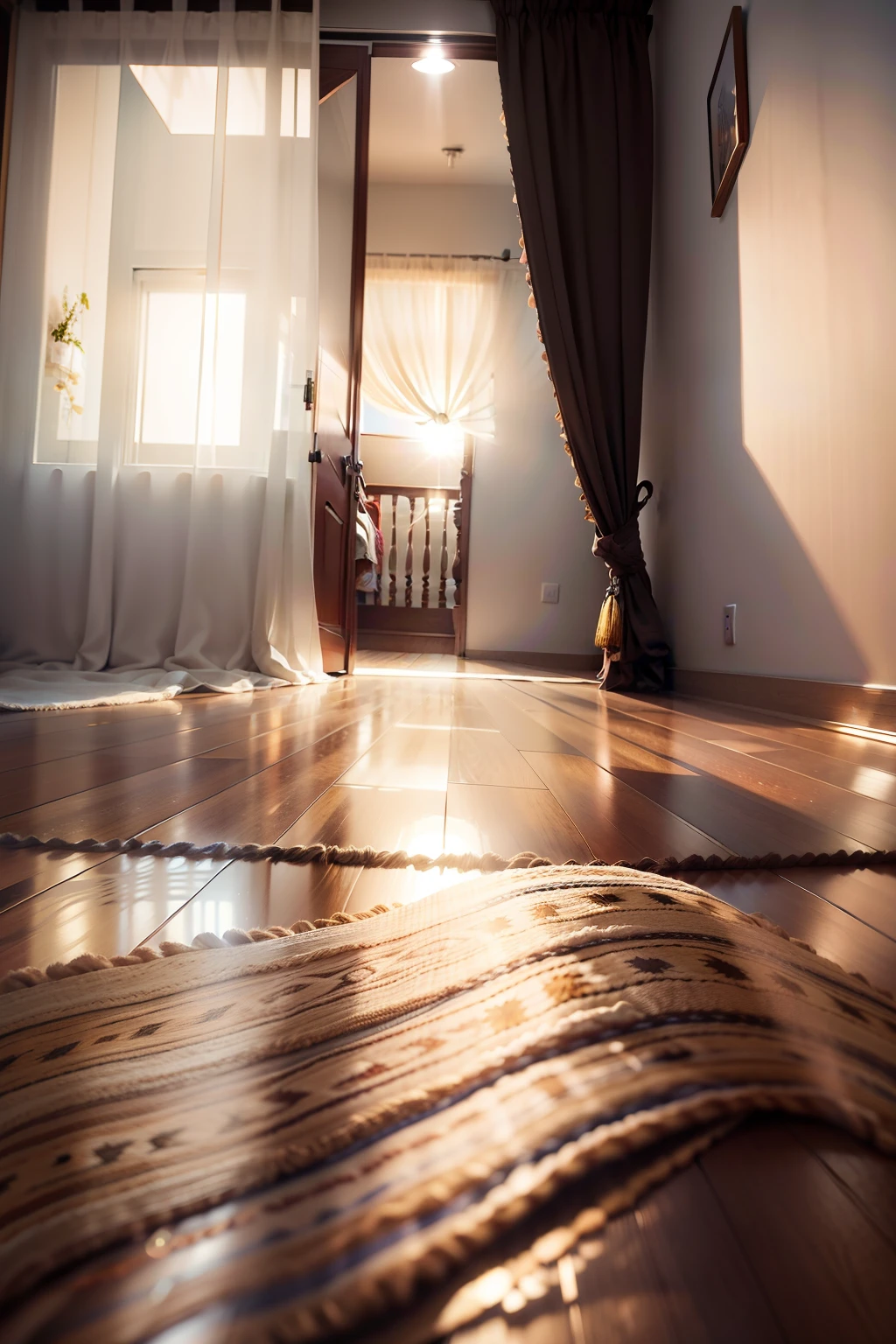 IMAGEM DE QUARTO COM DETALHES DOURADOS, LUZ DE JANELA EM POR DO SOL, FLORES AO REDOR DA JANELA, WIND BEATING ON A FLUTTERING CURTAIN AND GORGEOUS CARPET ON THE HARDWOOD FLOOR