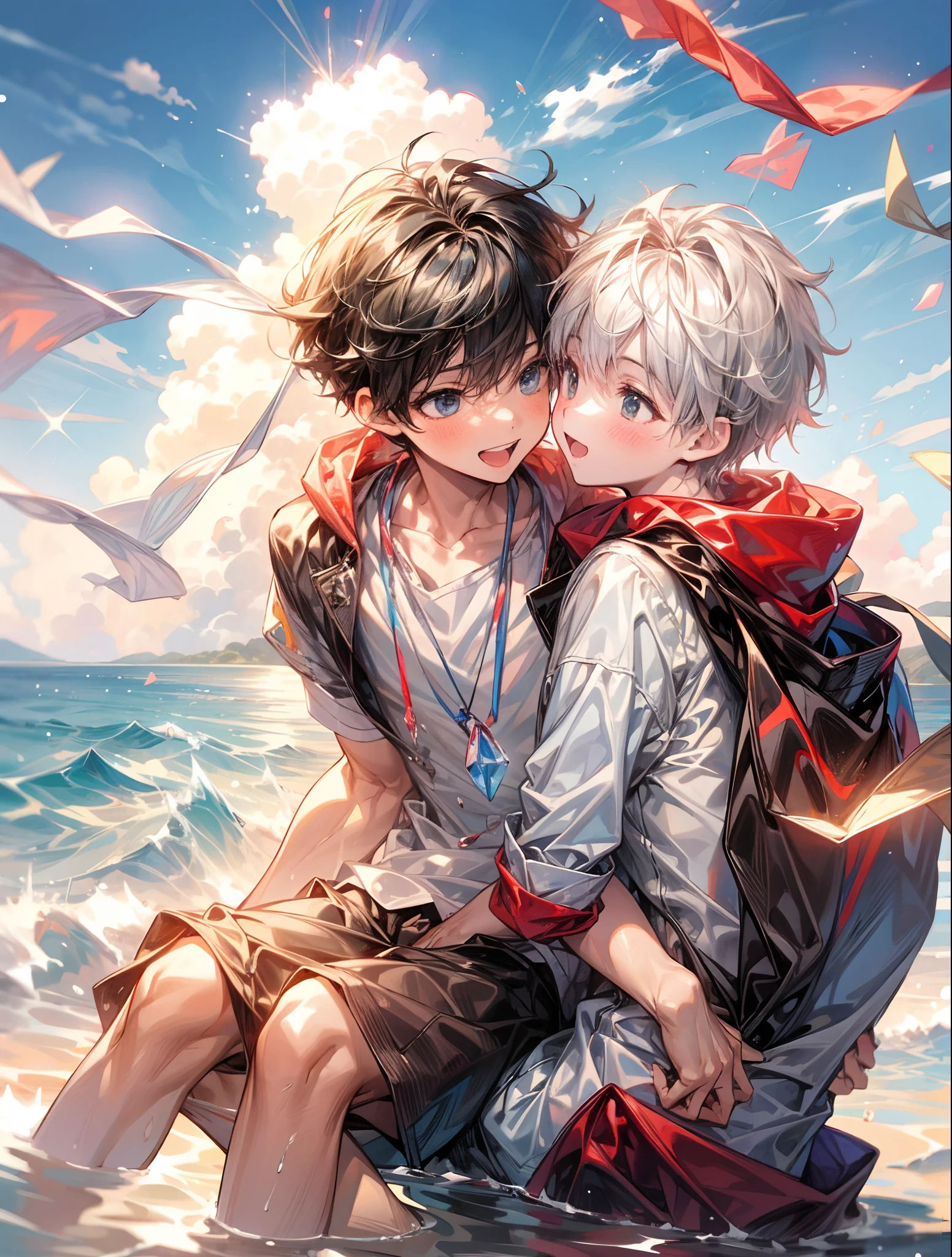 two thin cute boys in very short transparent white swimming trunks without straps, shirtless, hugging, uncensored