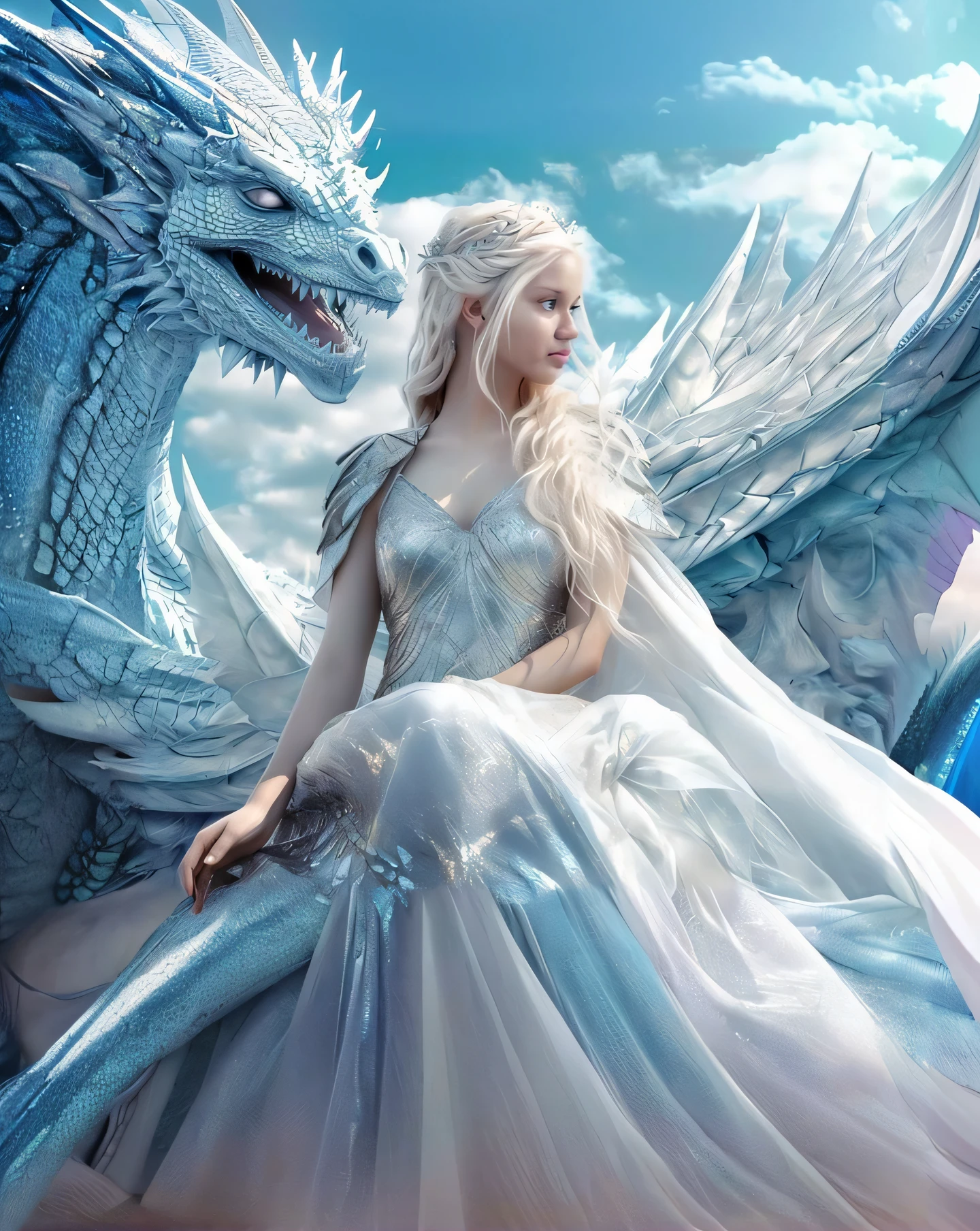 a woman in a white dress sitting next to a blue dragon, Queen of Dragons, bela arte de fantasia, dragon queen, gelo e fogo, arte de fantasia muito bonita, filme de fantasia de romance, amazing fantasy art, Rainha do gelo e da tempestade, breathtaking fantasy art, arte de fantasia detalhada, Daenerys Targaryen, arte de fantasia altamente detalhada, Daenerys